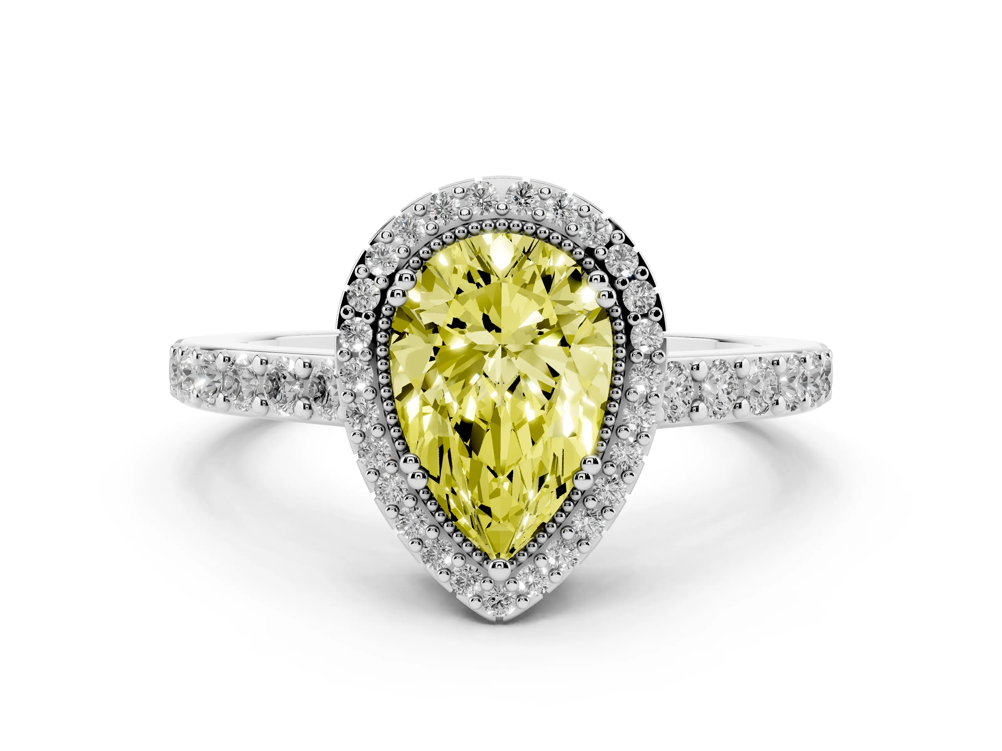 Fancy Yellow Pear Cut Diamond Halo Engagement Ring Set in Platinum with Milgrain Detail and Pavé Band
