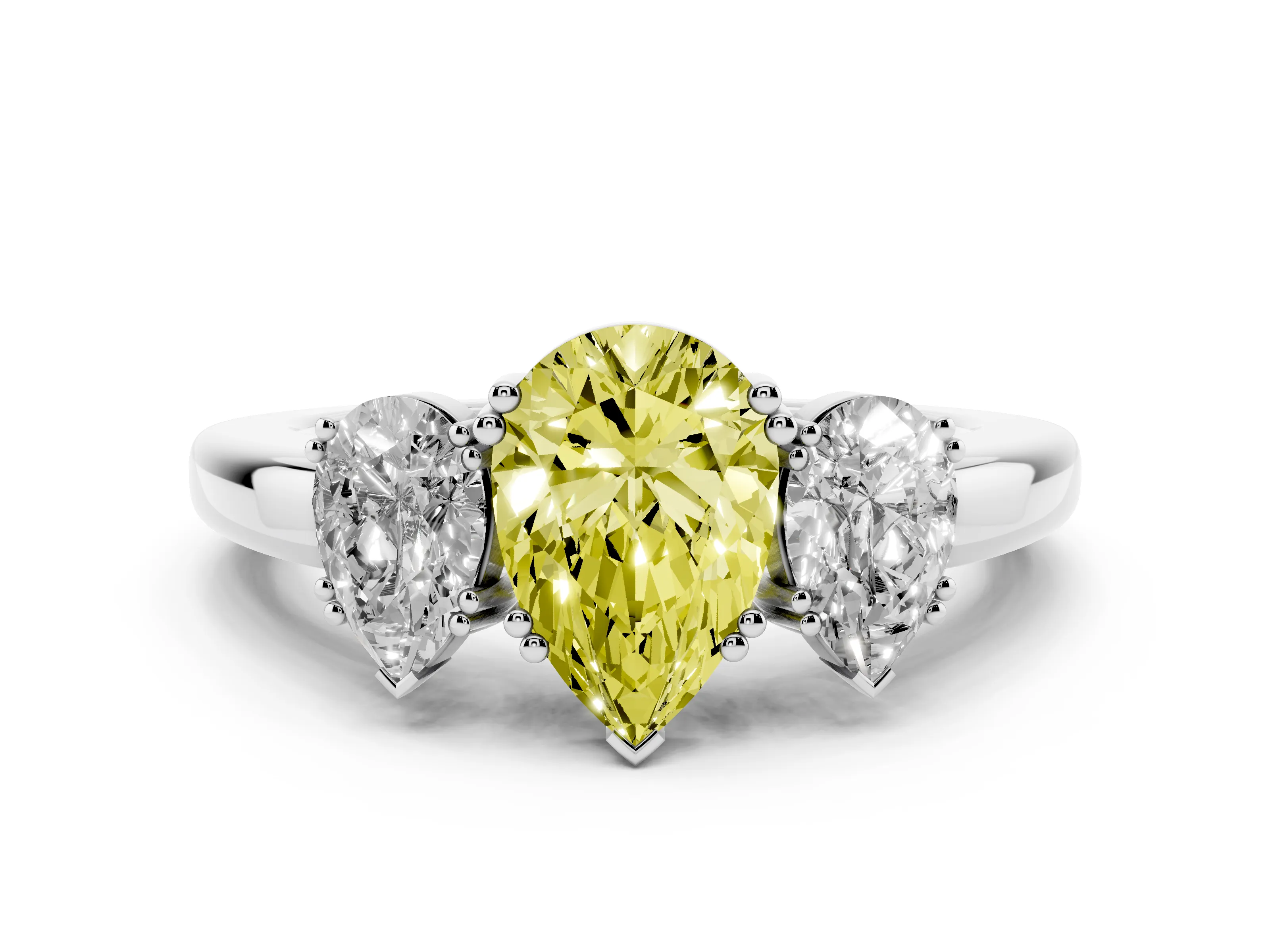 Fancy Yellow Pear Cut Diamond Three-Stone Ring Set in White gold with Polished Channel-Set Band