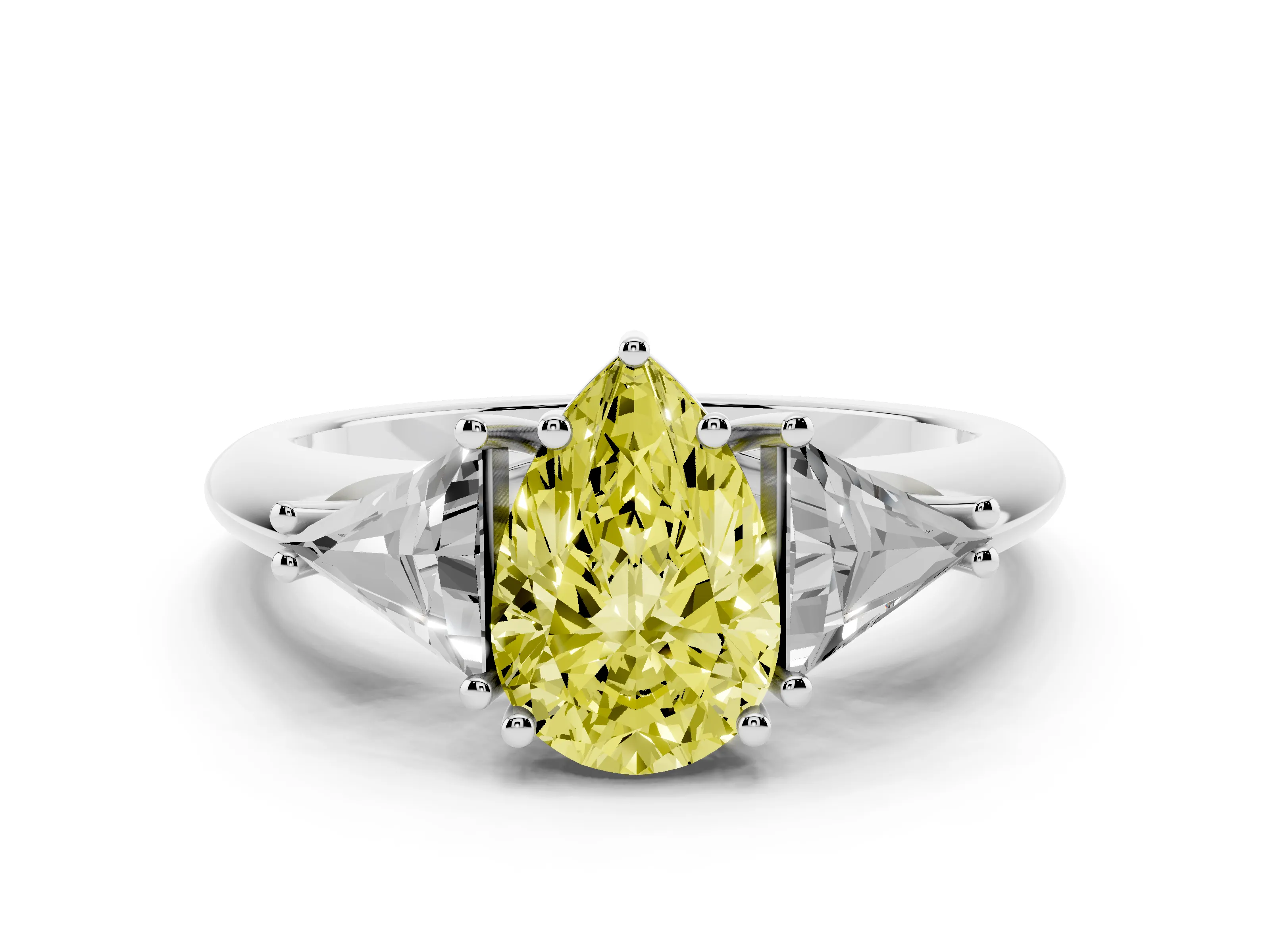 Fancy Yellow Pear Cut Diamond Three-Stone Engagement Ring Set in Platinum with Trillion Side Stones