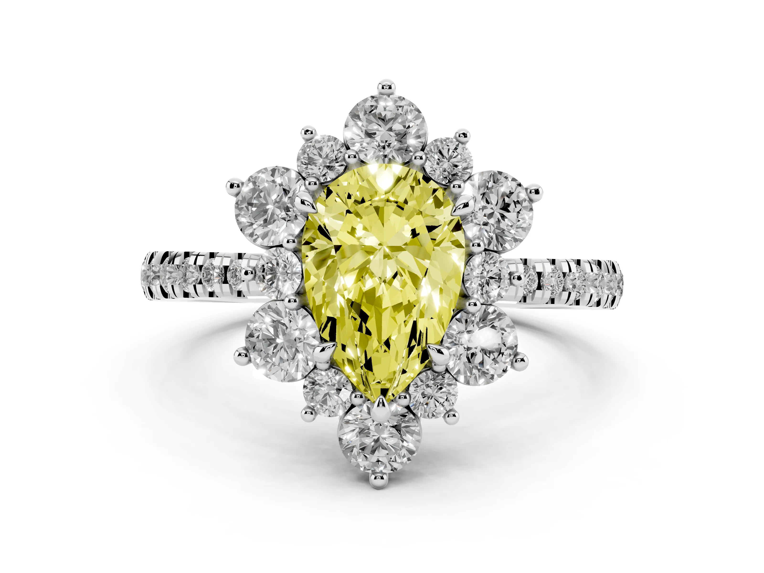 Fancy Yellow Pear Cut Diamond Floral Halo Ring Set in White gold with Round Pavé Band and Prong Setting