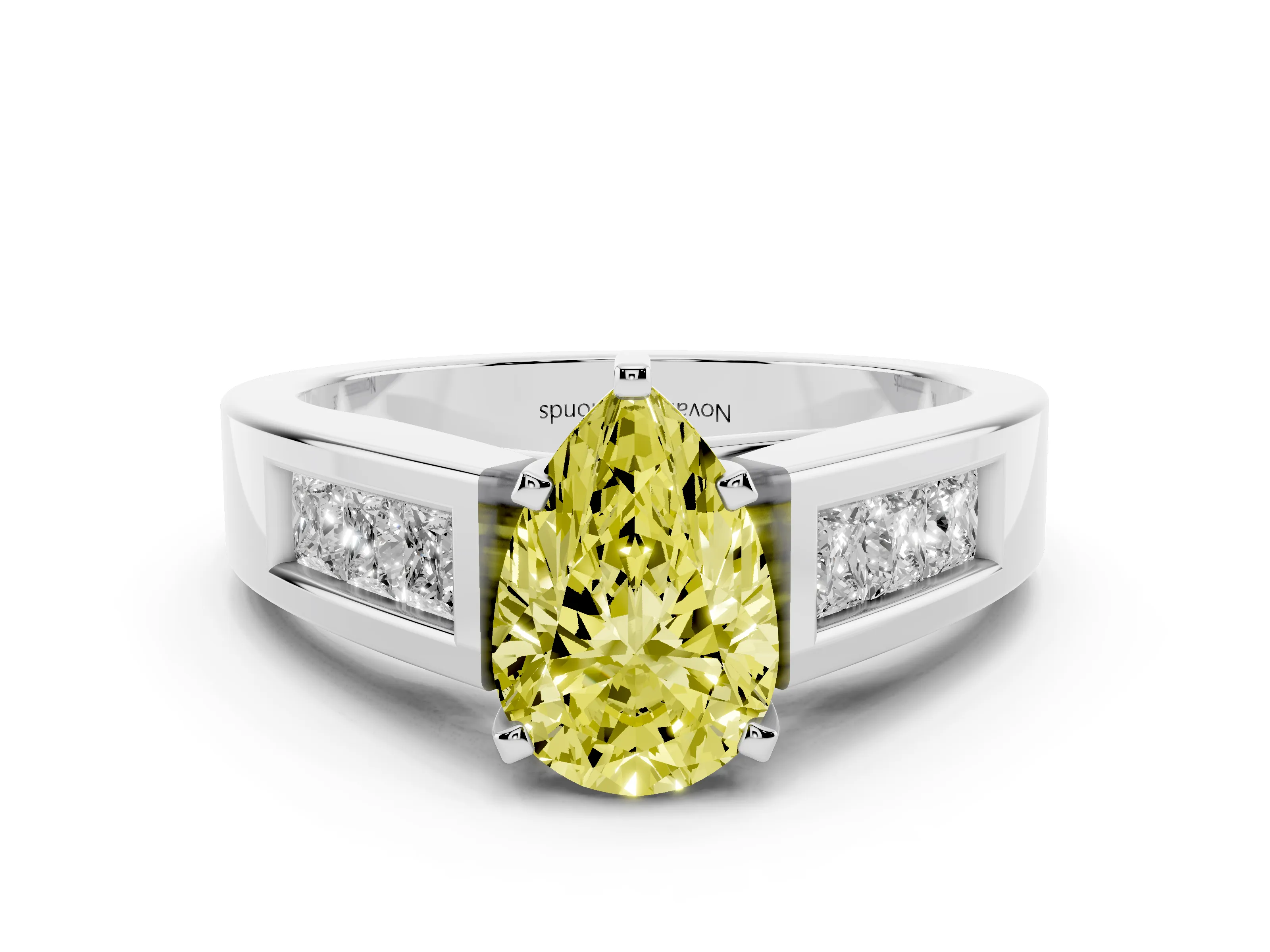 Fancy Yellow Pear Cut Diamond Solitaire Ring Set in White gold with Channel-Set Accent Stones and Prong Setting