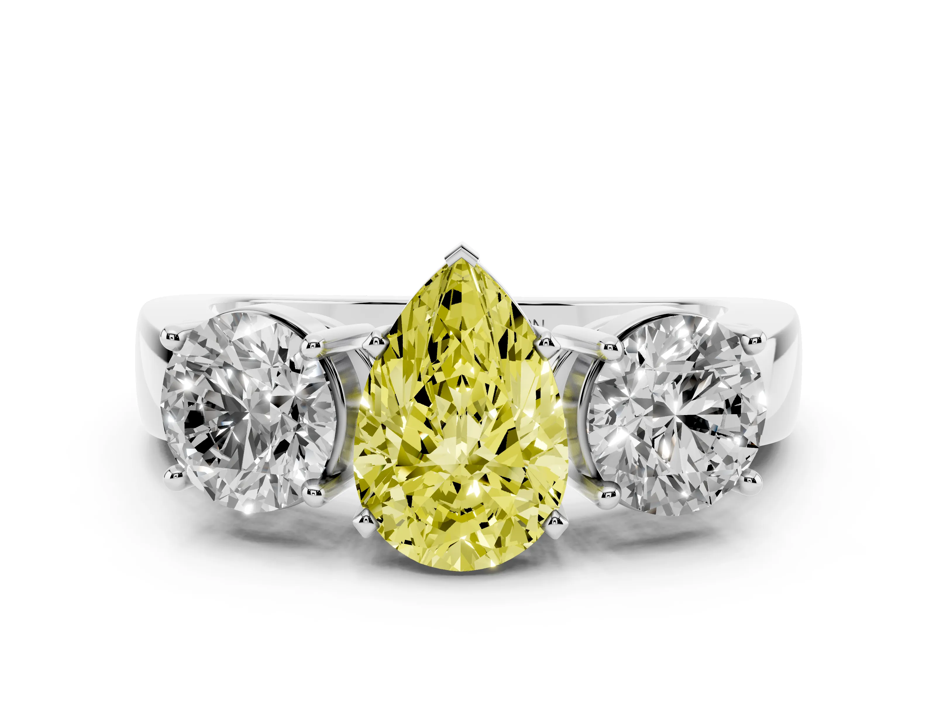 Fancy Yellow Pear Cut Diamond Three-Stone Ring Set in Platinum with Round Side Stones and Classic Band