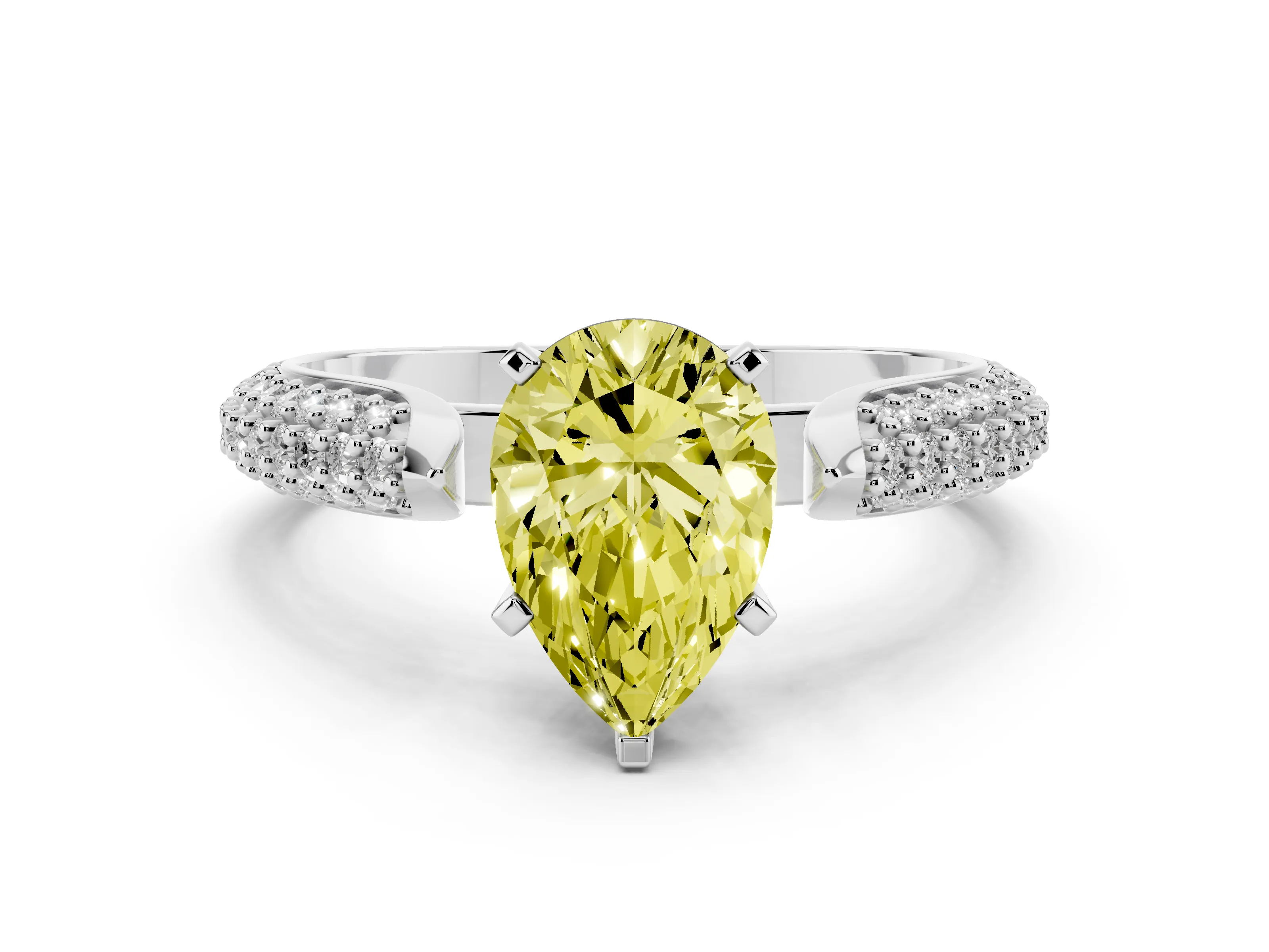 Fancy Yellow Pear Cut Diamond Solitaire Engagement Ring Set in Platinum with Multi-Row Round Pavé Band and Prong Setting