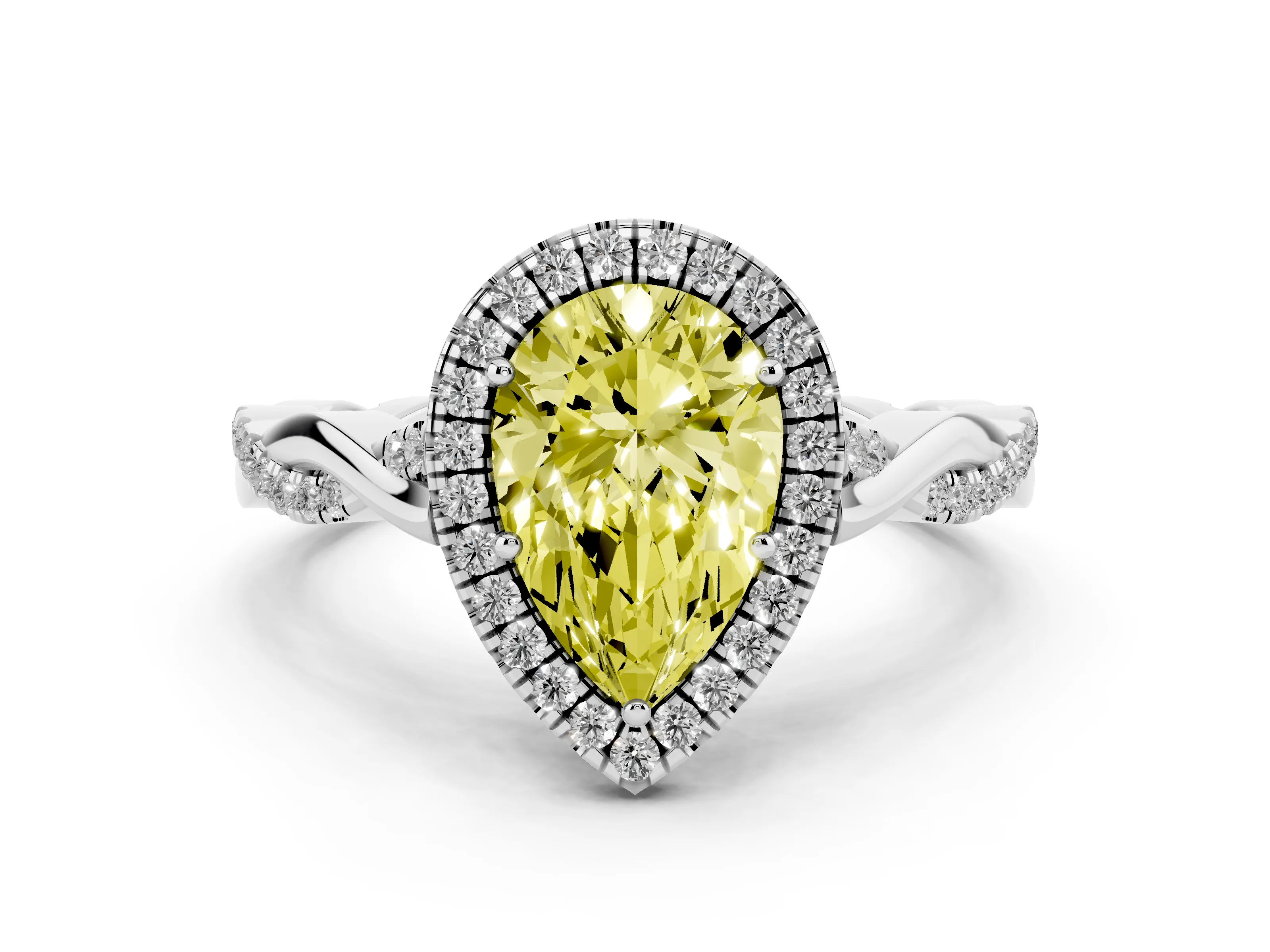 Fancy Yellow Pear Cut Diamond Halo Twist Band Solitaire Ring Set in White gold with Prong Setting