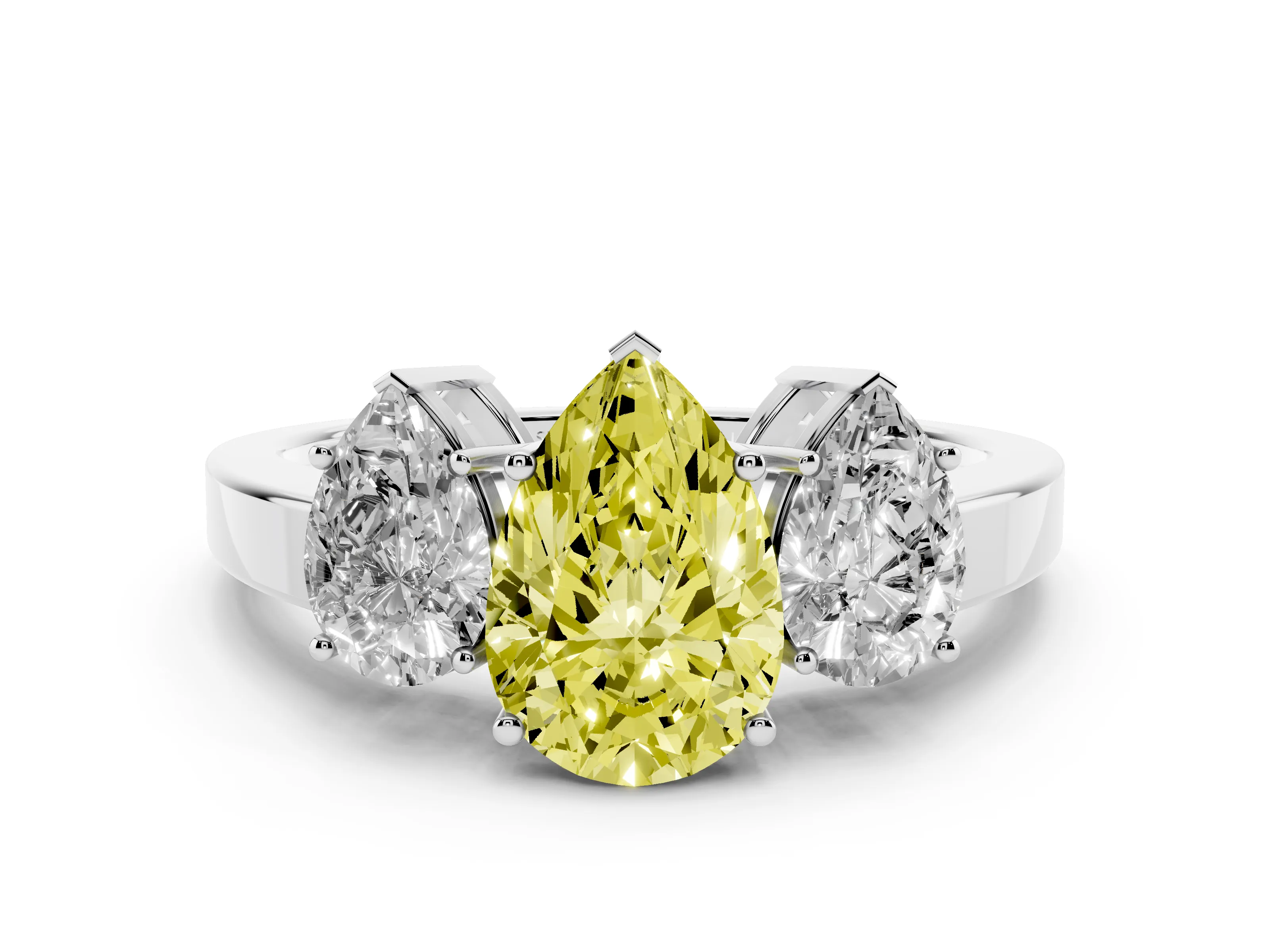 Fancy Yellow Pear Cut Diamond Three-Stone Engagement Ring Set in Silver with Flat Band