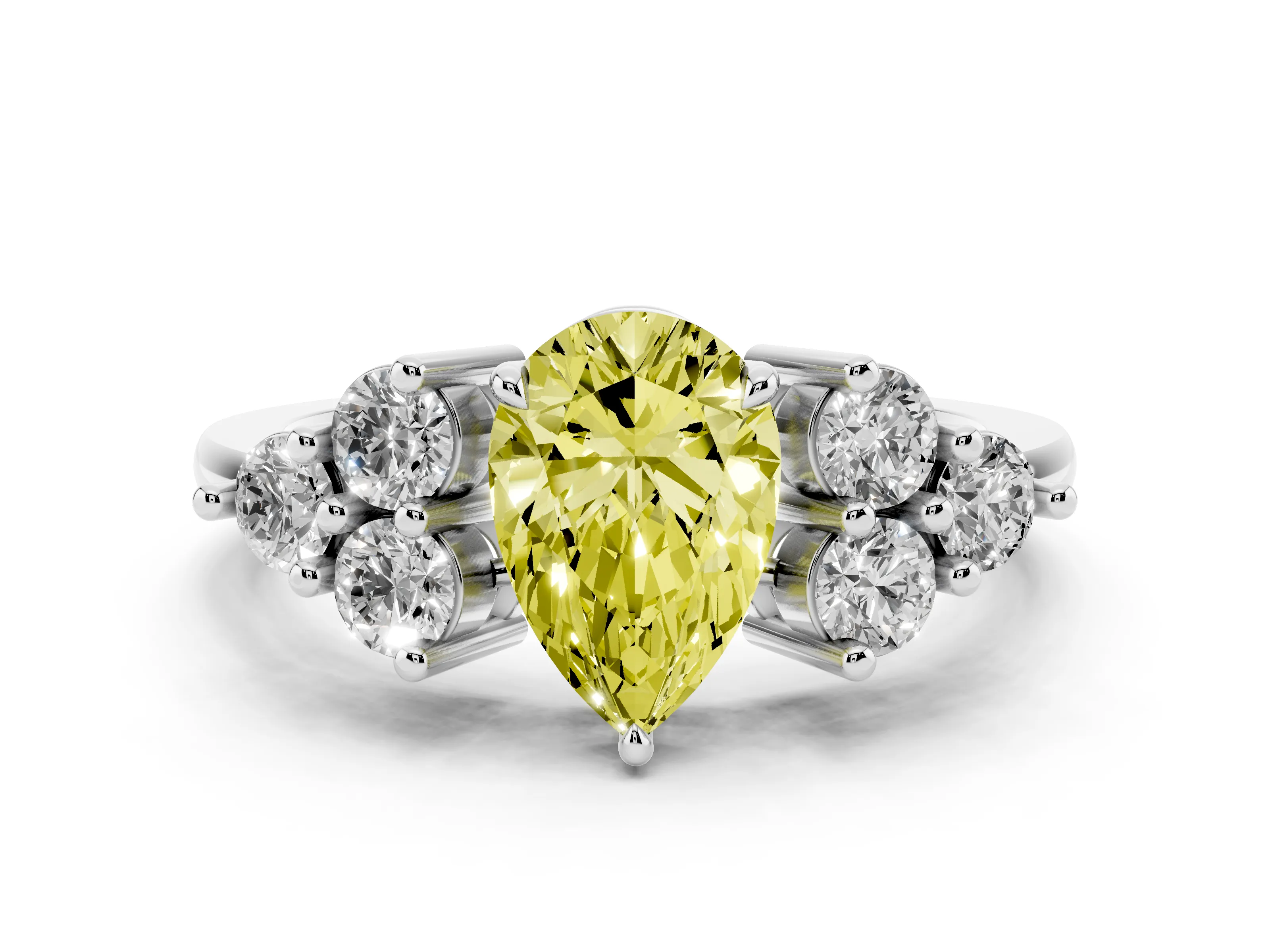 Fancy Yellow Pear Cut Diamond Solitaire Ring Set in Silver with Cluster Accents on Each Side