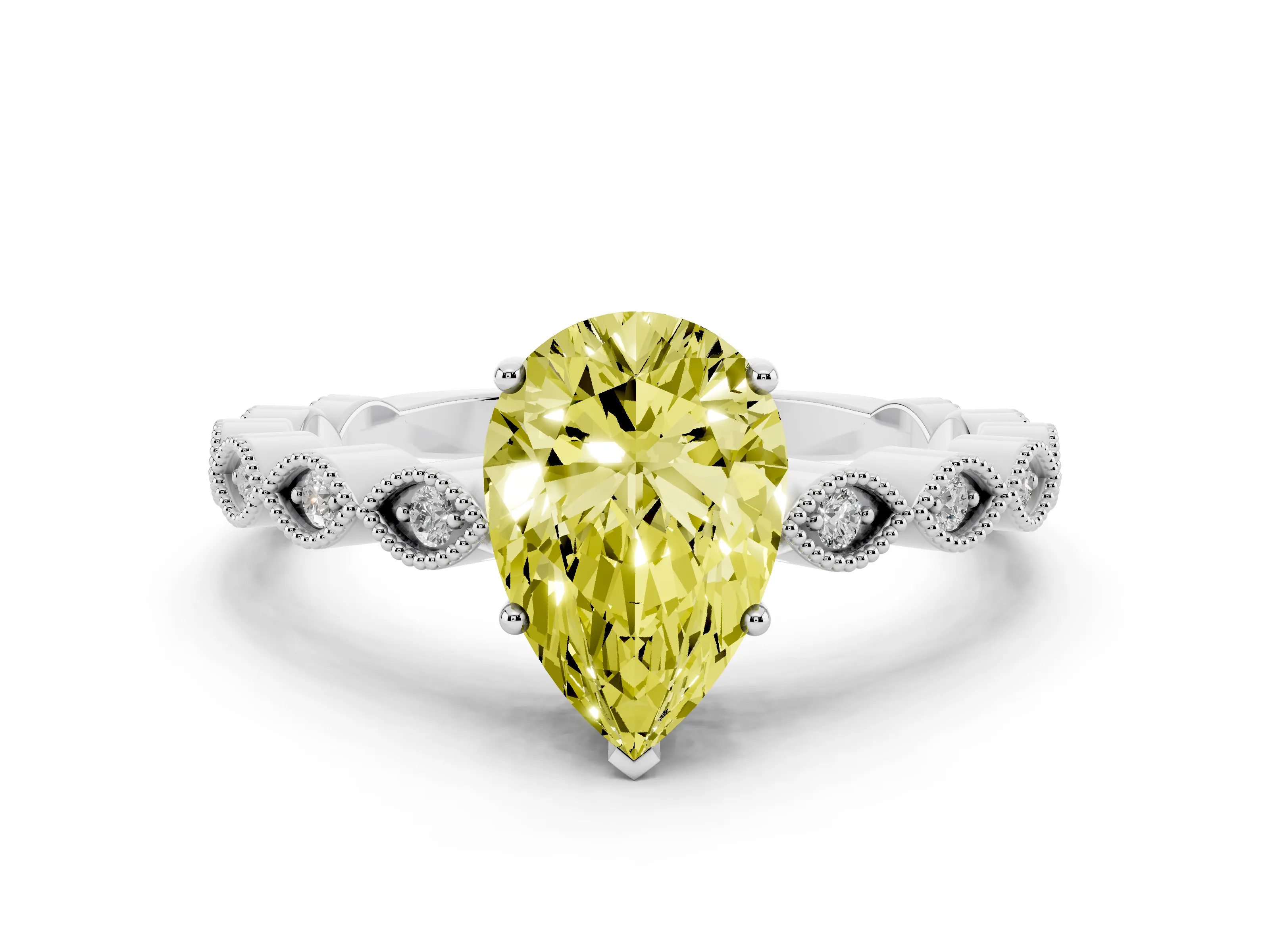 Fancy Yellow Pear Cut Diamond Solitaire Ring Set in Silver with Infinity Twist Pavé Band