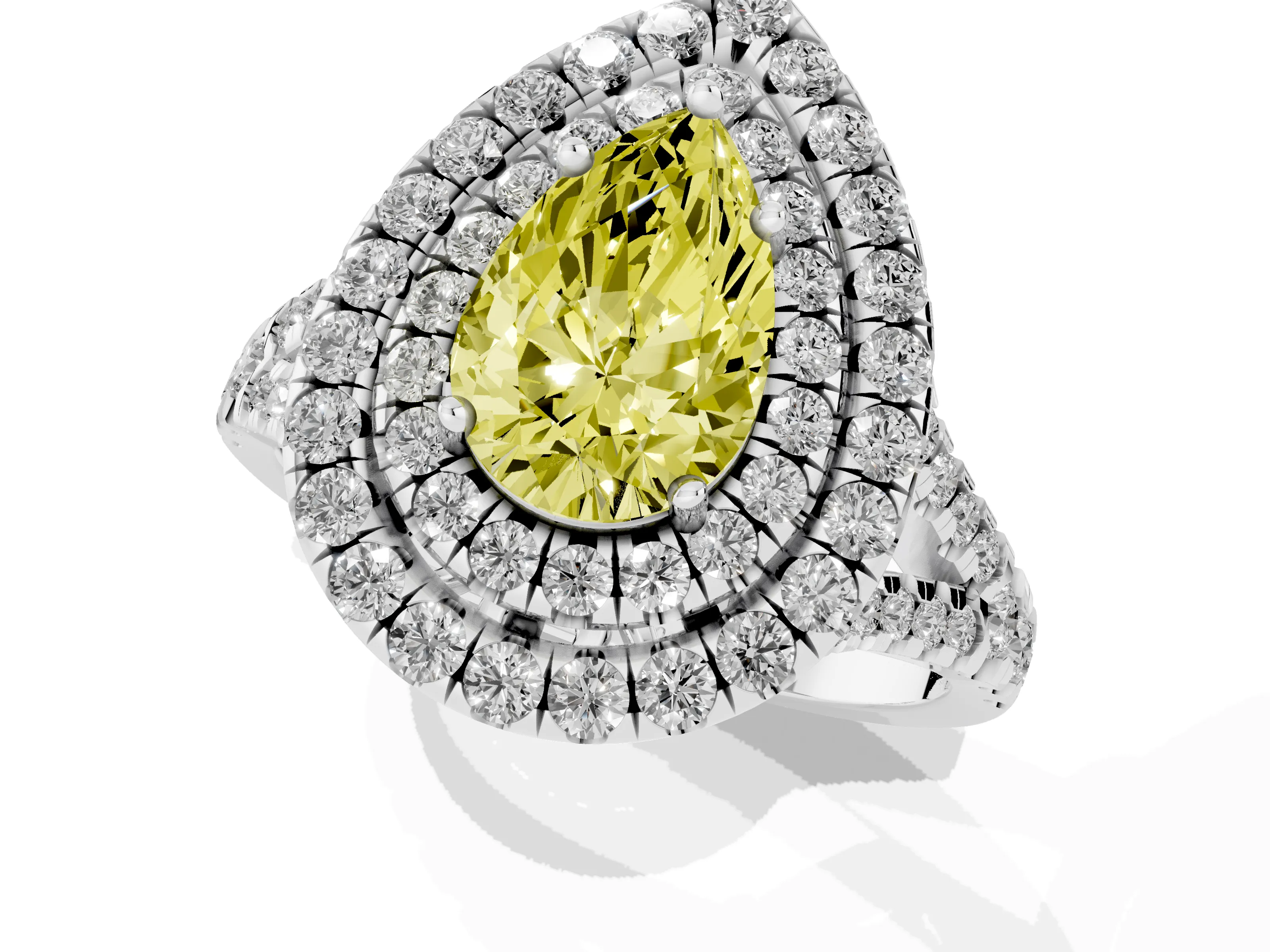 Fancy Yellow Pear Cut Diamond Double Halo Ring Set in White gold with Pavé Split Shank and Prong Setting