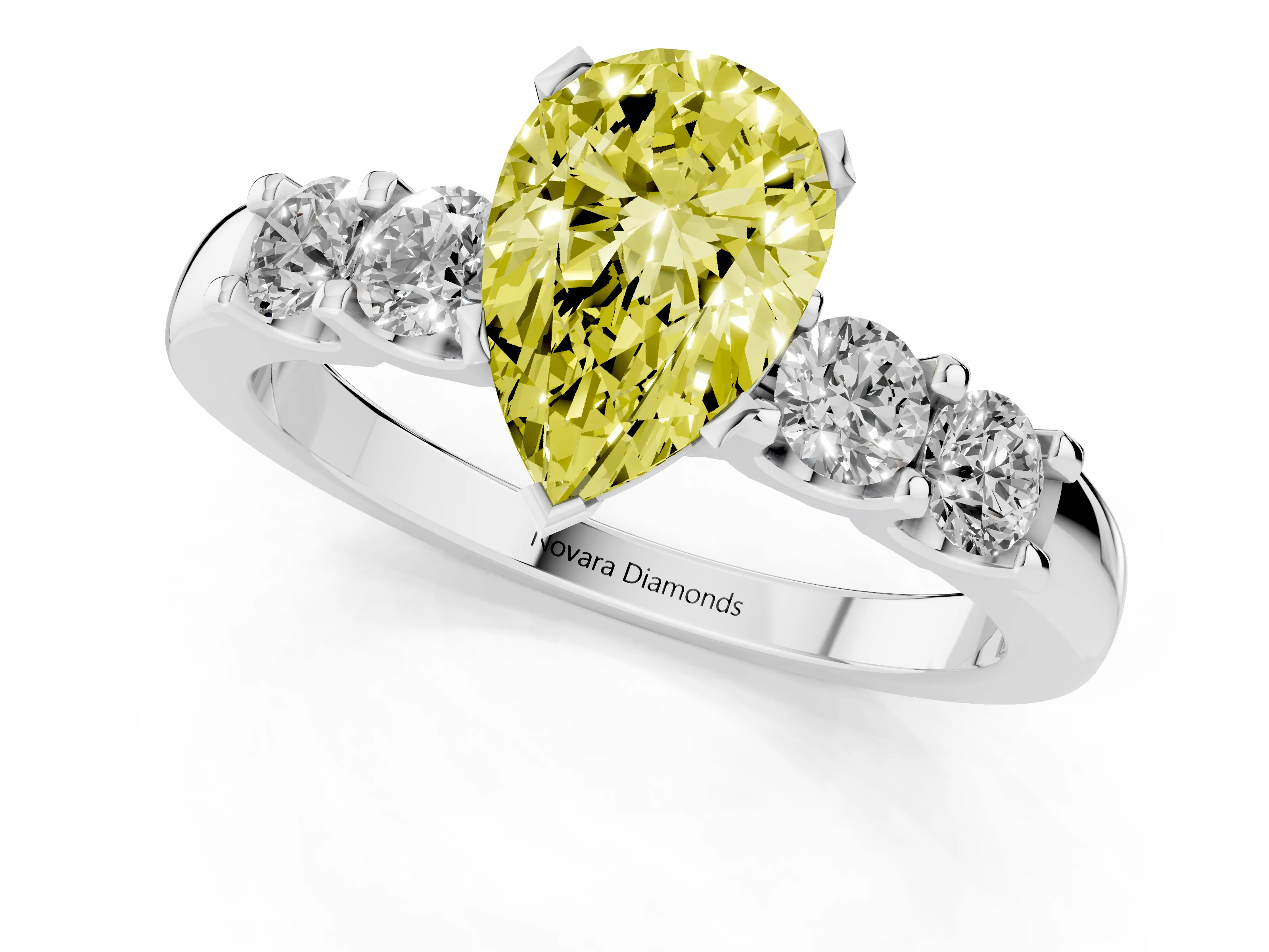 Fancy Yellow Pear Cut Diamond Five-Stone Prong Set Engagement Ring Set in Platinum with Channel Band