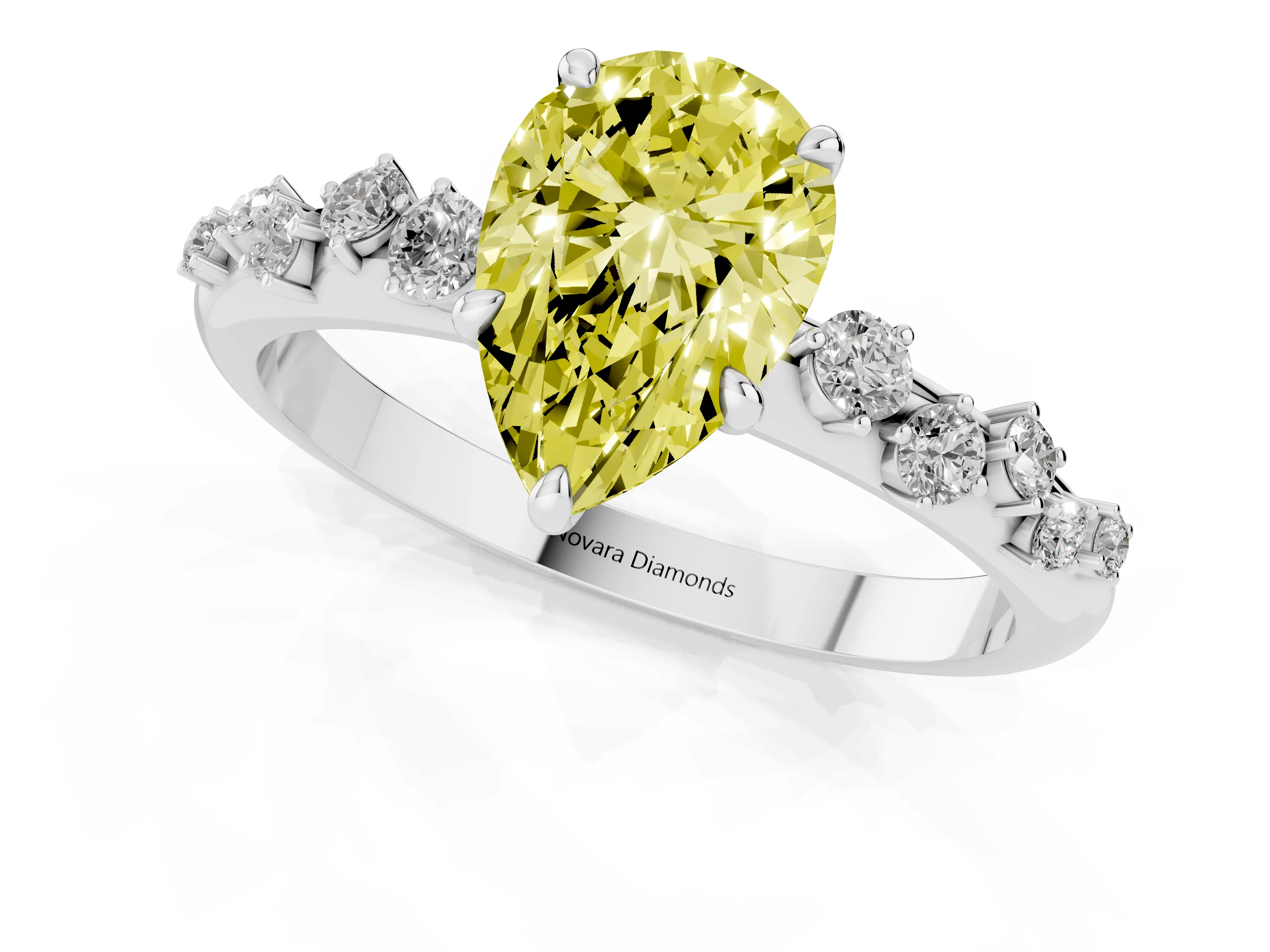 Fancy Yellow Pear Cut Diamond Cluster Solitaire Ring Set in Platinum with Prong Setting