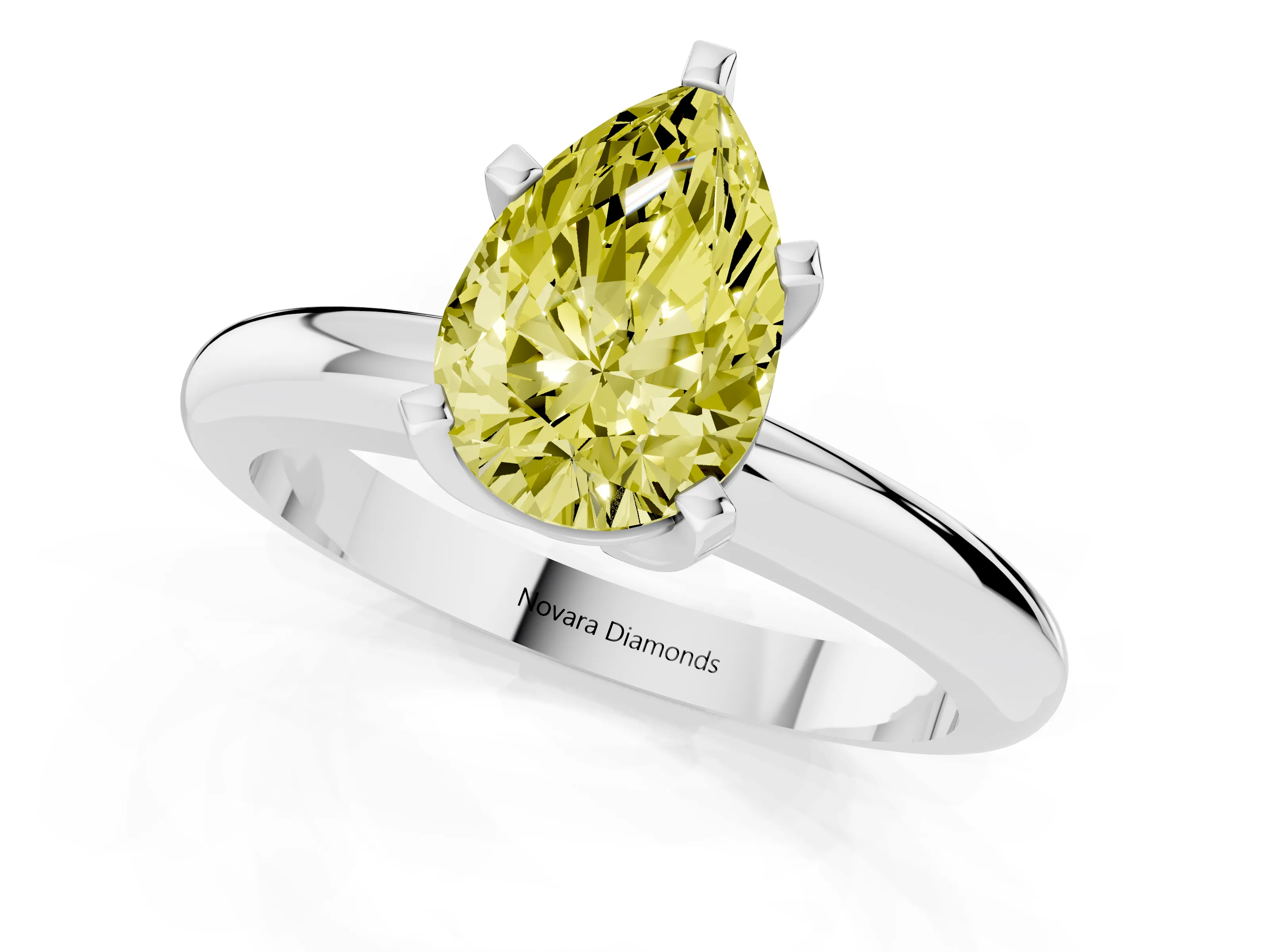 Fancy Yellow Pear Cut Diamond Solitaire Engagement Ring Set in Platinum with Round Band and Prong Setting