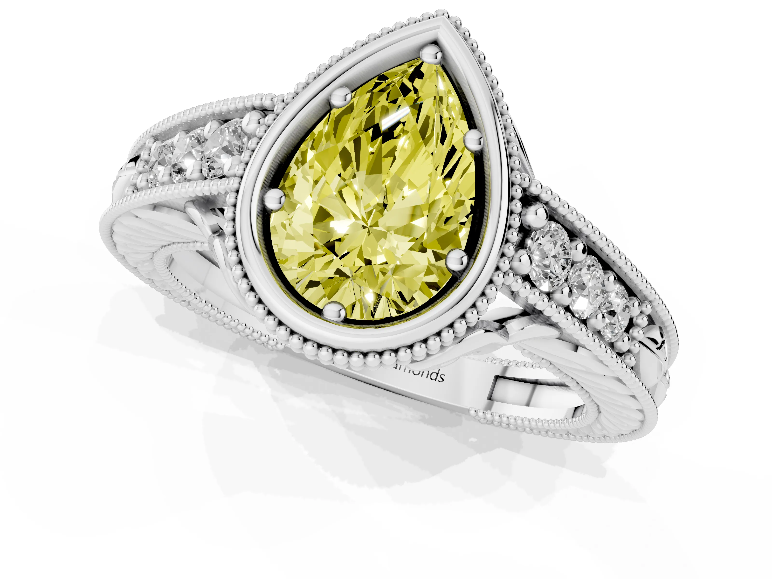 Fancy Yellow Bezel Set Pear Cut Diamond Milgrain Pavé Engagement Ring Set in Silver