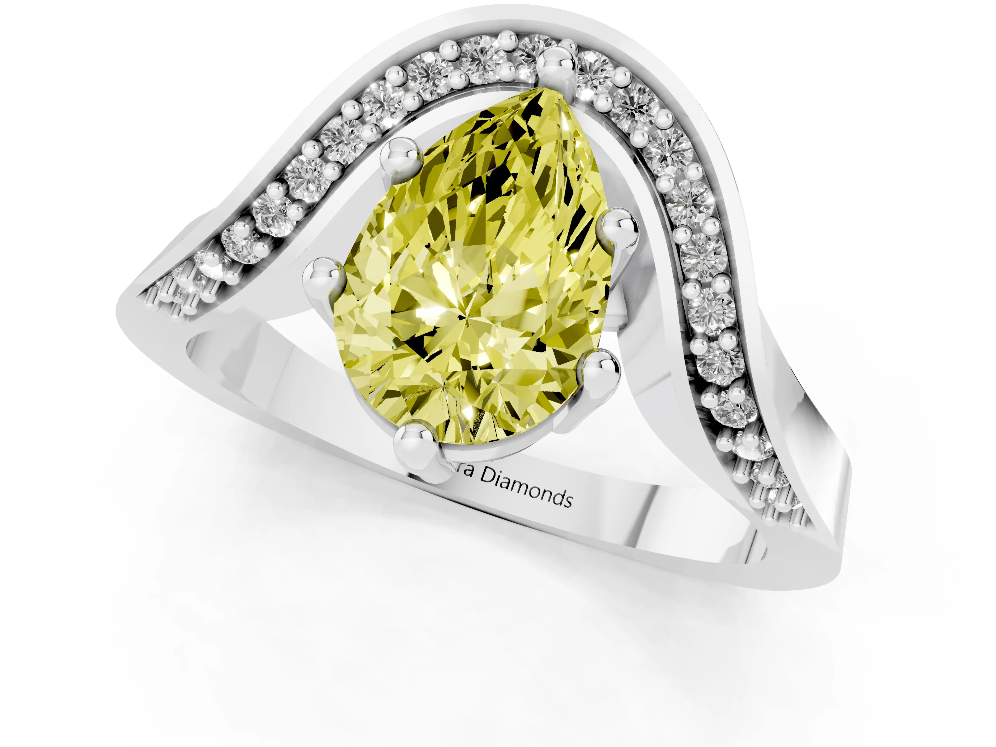 Fancy Yellow Pear Cut Diamond Solitaire Engagement Ring Set in White gold with Pavé Shoulders