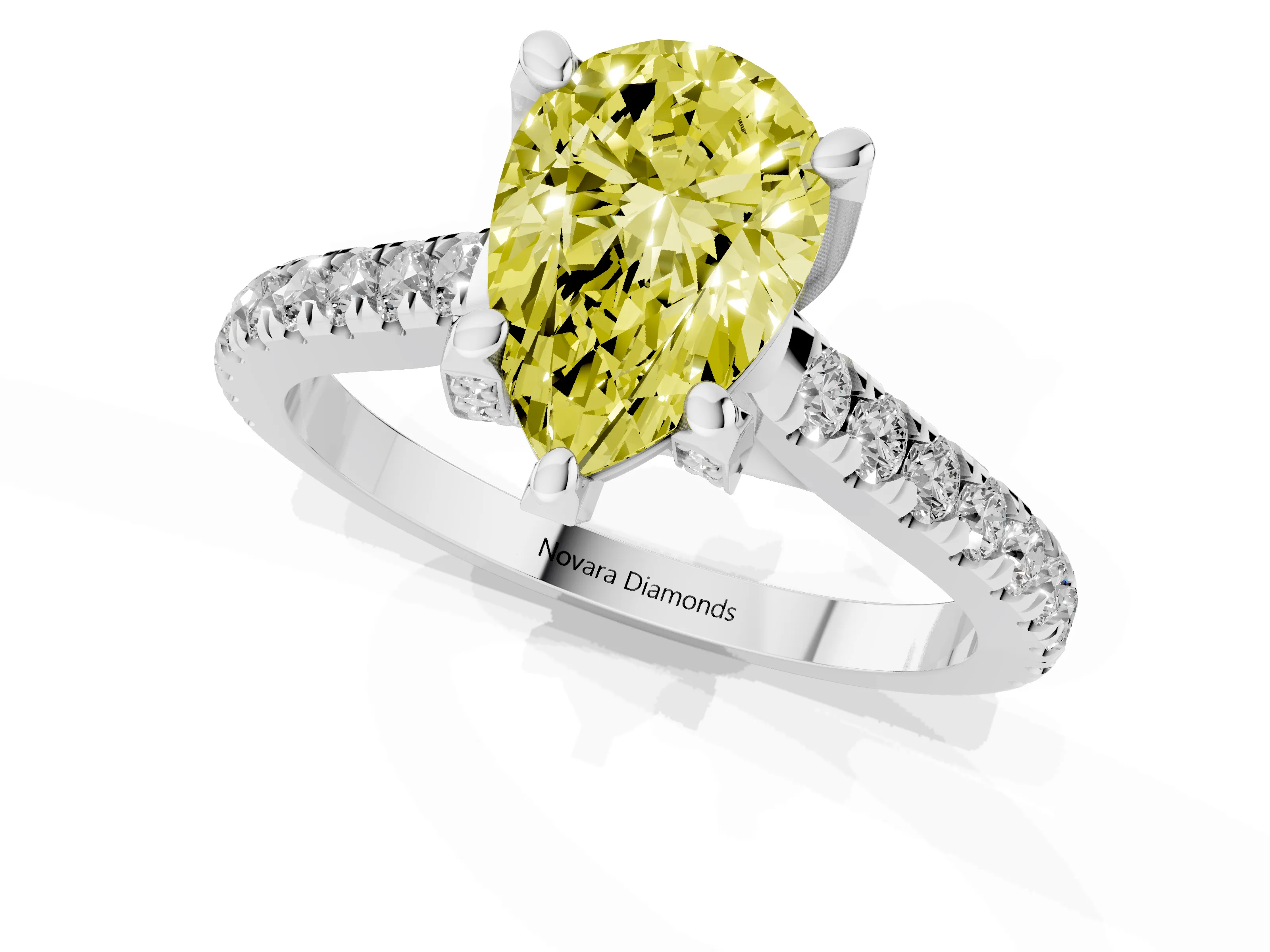 Fancy Yellow Pear Cut Diamond Solitaire Ring Set in Platinum with Brilliant Pavé Band and Prong Setting