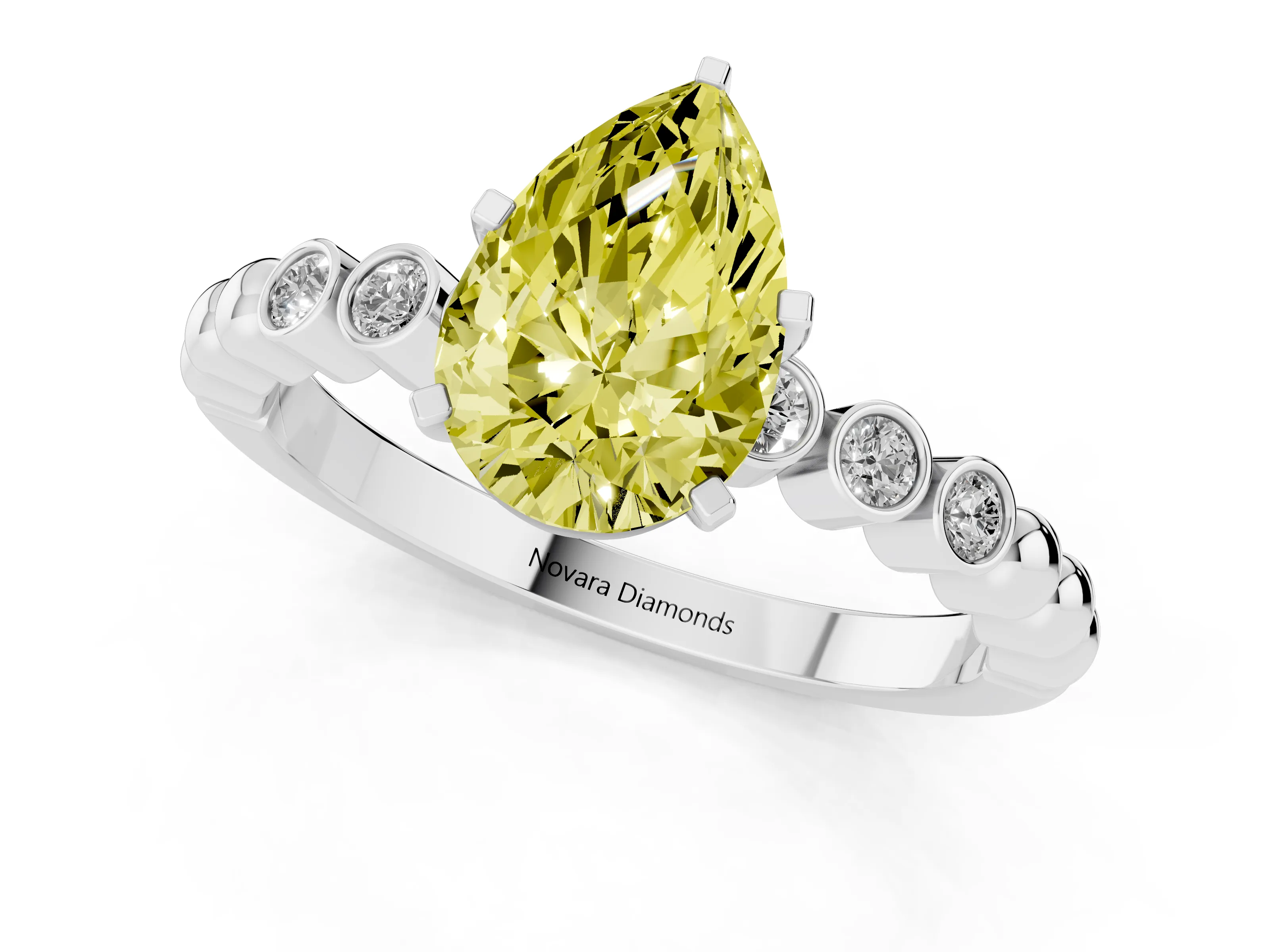Fancy Yellow Pear Cut Diamond Solitaire Engagement Ring Set in Platinum with Bezel Accents on Beaded Band – second view
