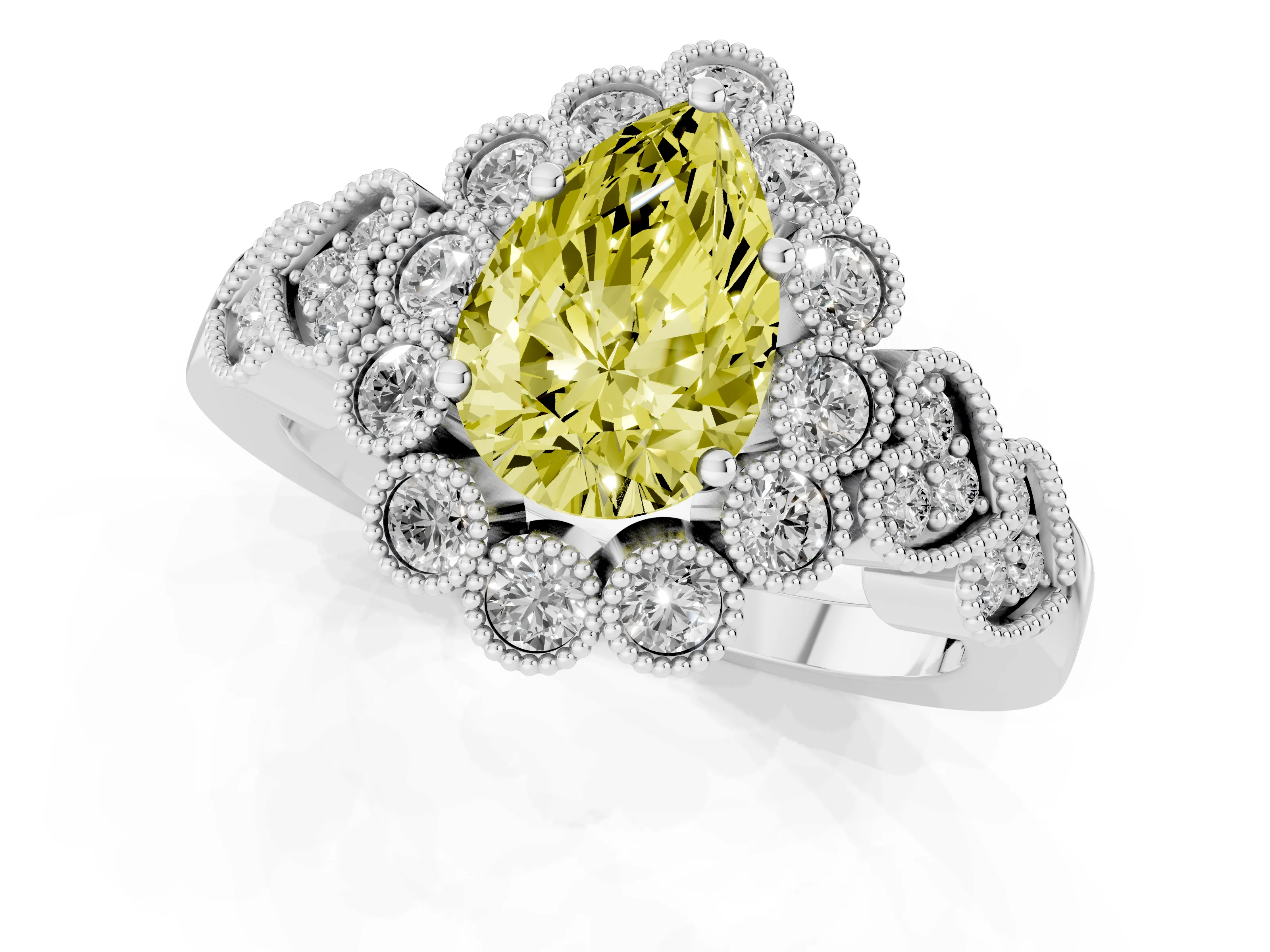 Fancy Yellow Pear Cut Diamond Solitaire Ring Set in Platinum with Milgrain Pavé Heart Band