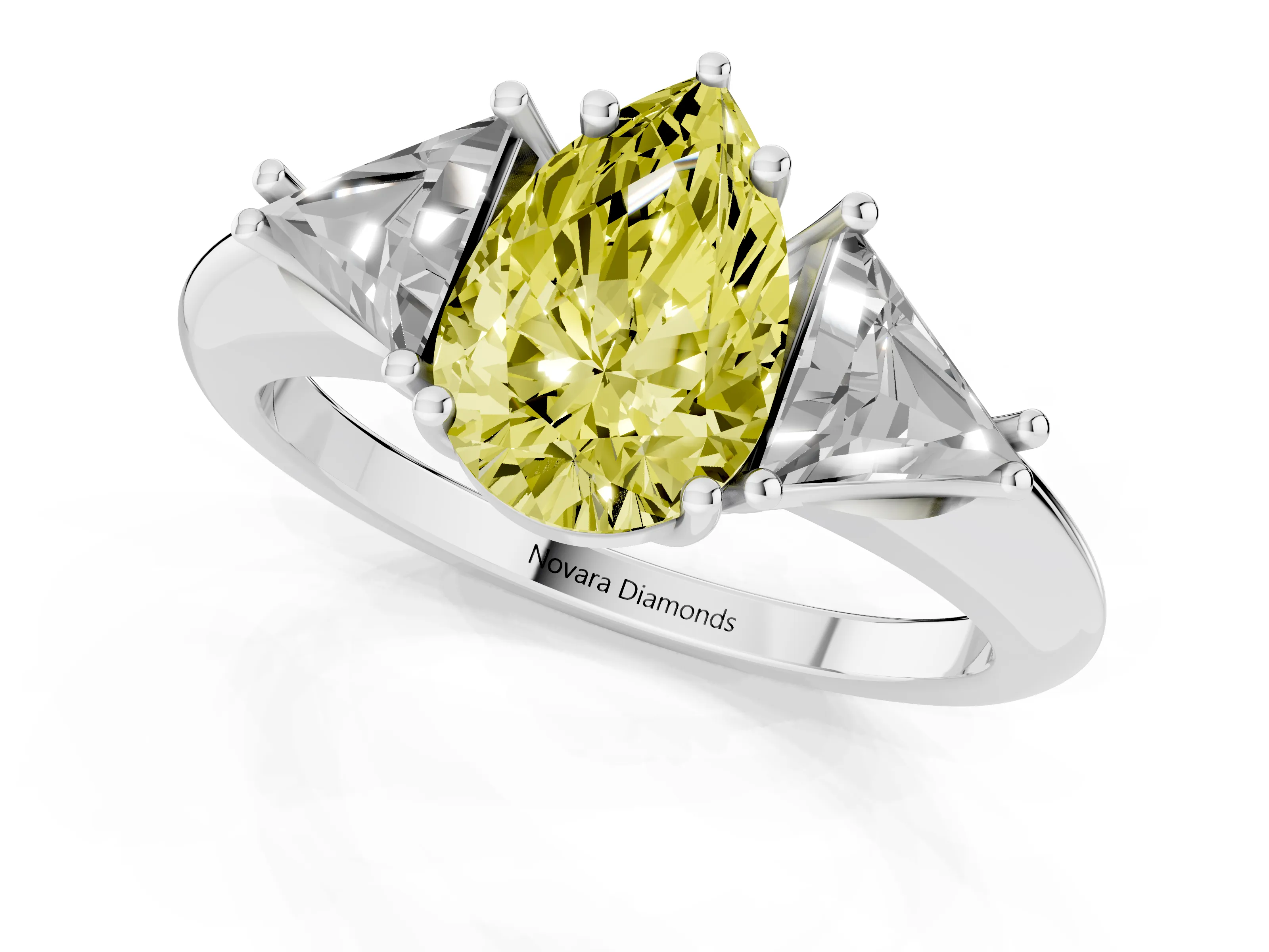 Fancy Yellow Pear Cut Diamond Three-Stone Engagement Ring Set in Platinum with Trillion Side Stones