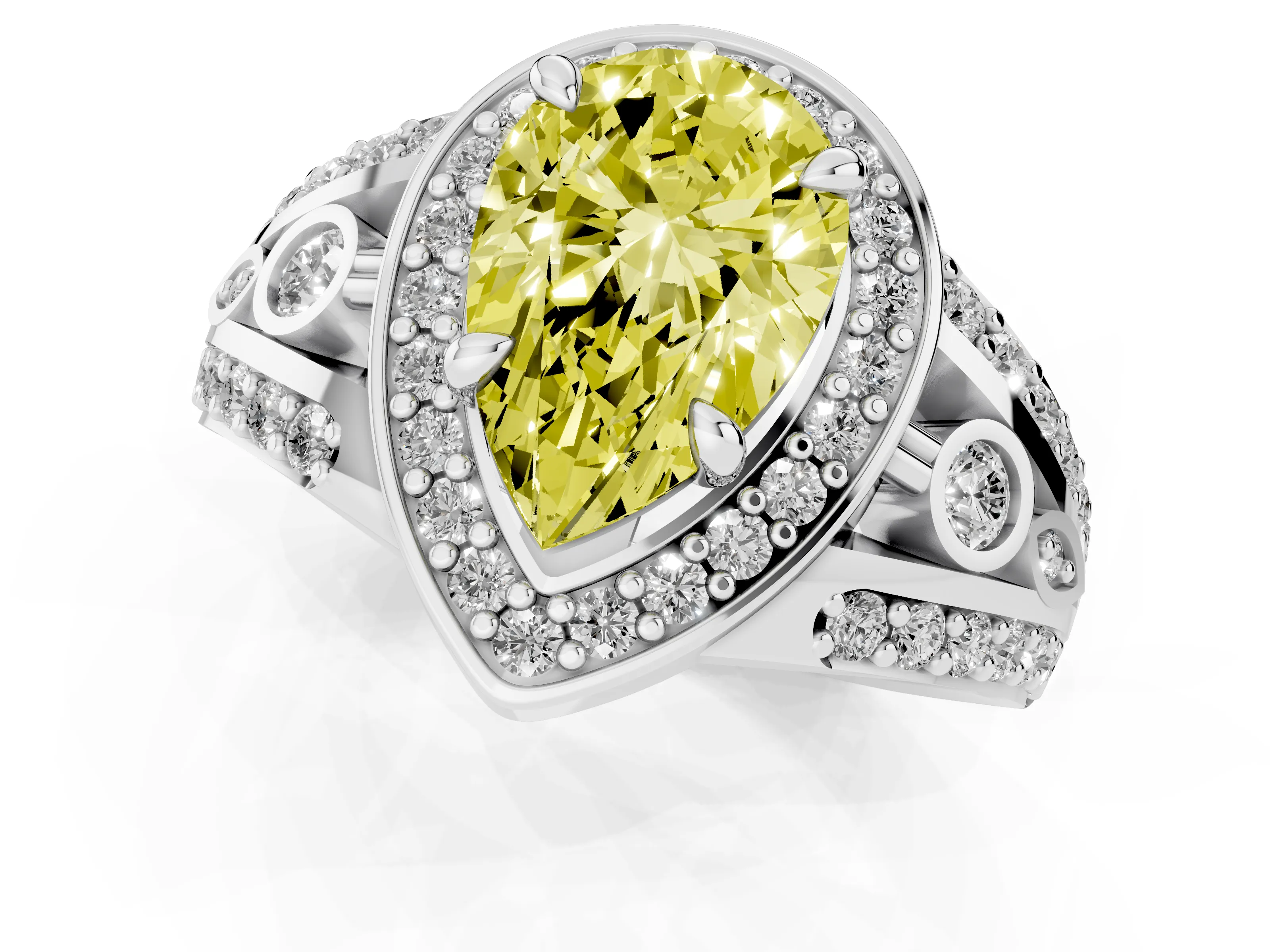 Fancy Yellow Pear Cut Diamond Halo Ring Set in Silver with Pavé Split Shank and Bezel Accents