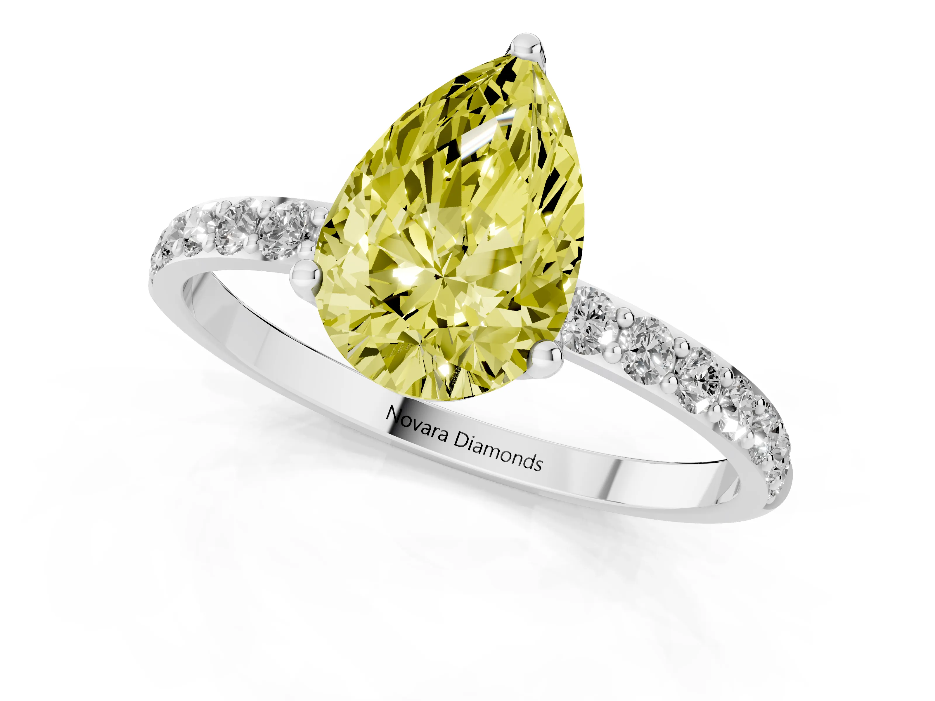 Fancy Yellow Pear Cut Diamond Solitaire Engagement Ring Set in Silver with Round Pavé Band and Prong Setting