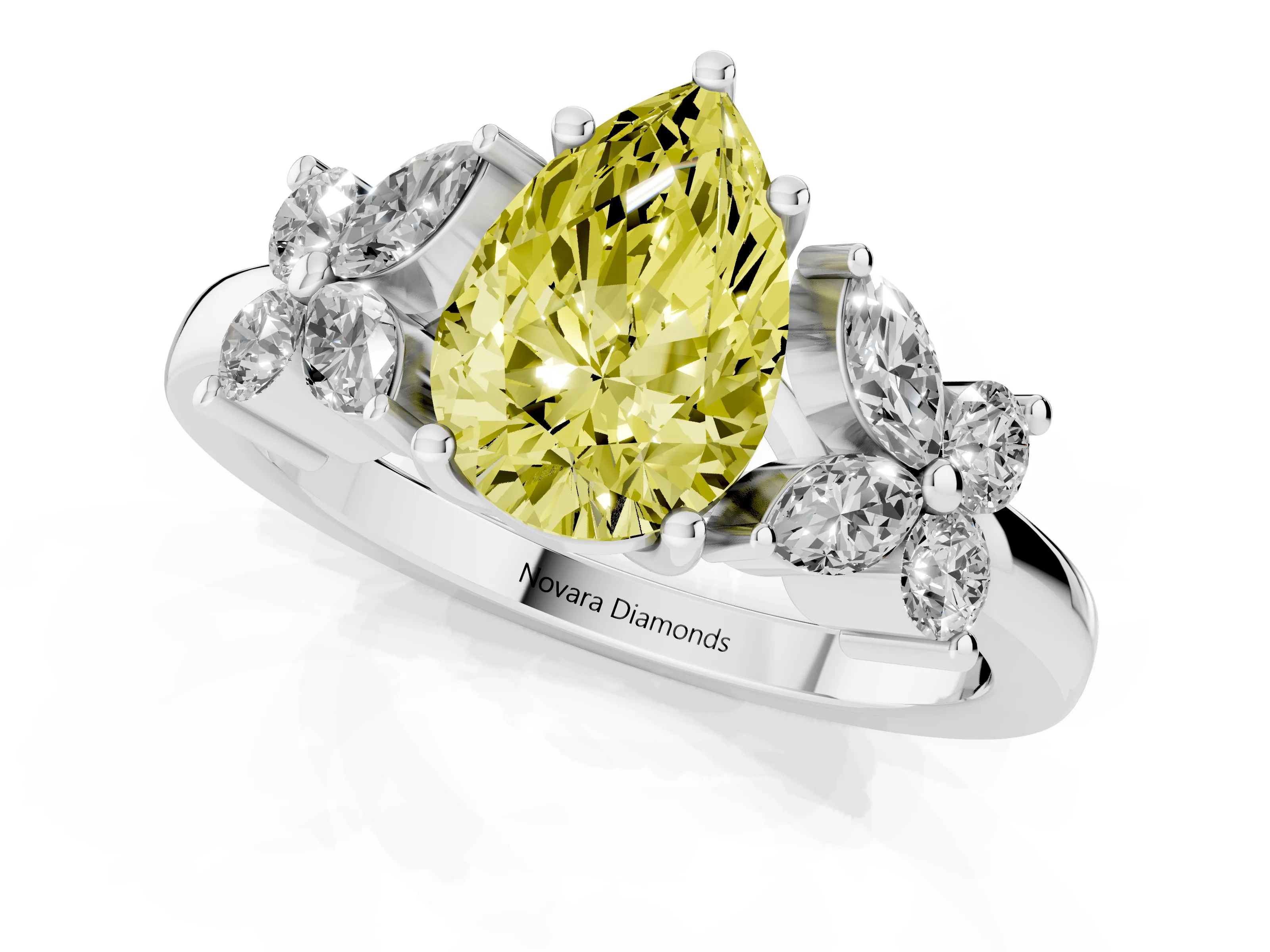 Fancy Yellow Pear Cut Diamond Floral Cluster Ring Set in White gold with Marquise Petals and Prong Setting