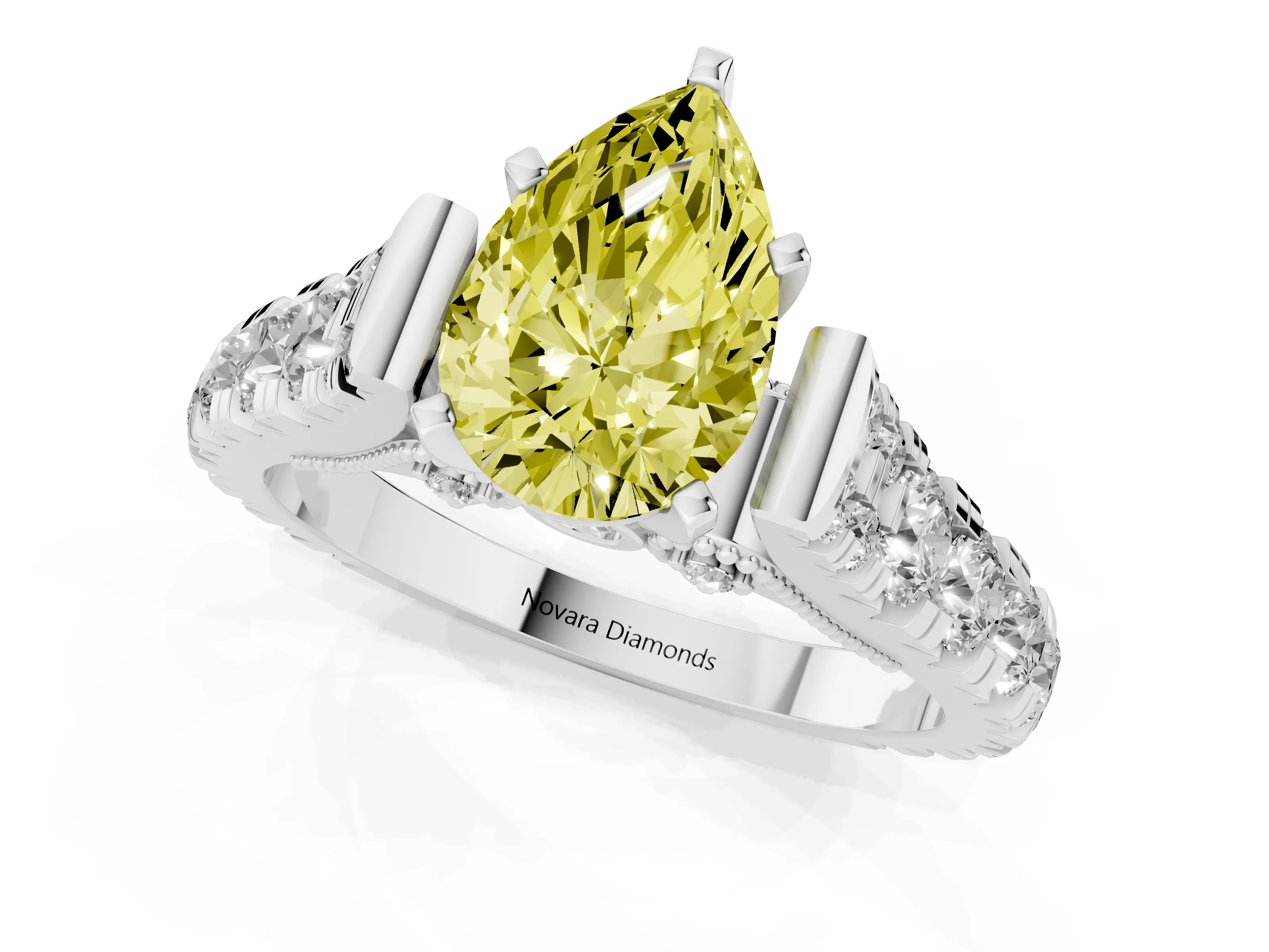 Fancy Yellow Pear Cut Diamond Classic Solitaire Ring Set in Platinum with Pavé Band and Prong Setting