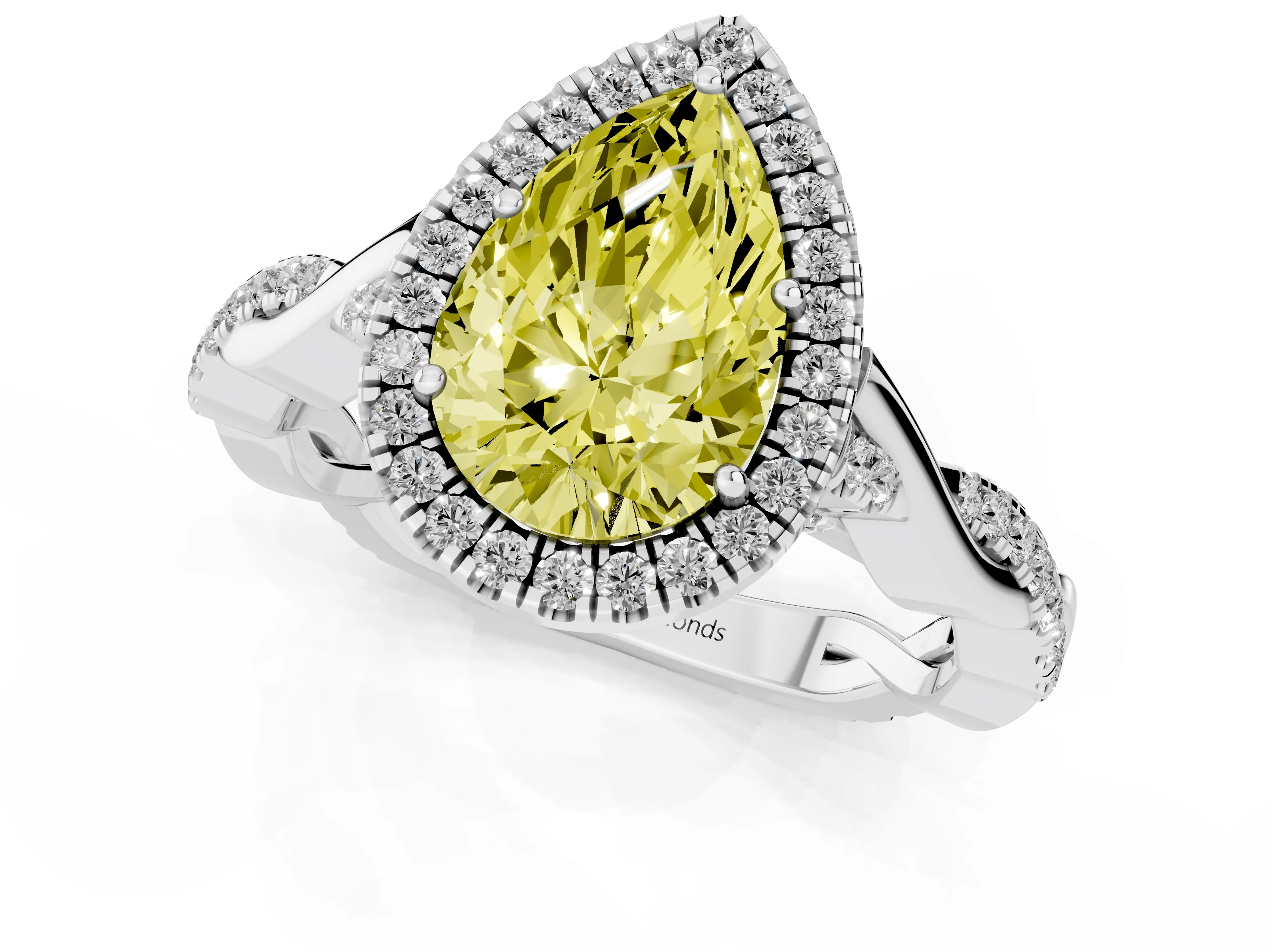 Fancy Yellow Pear Cut Diamond Halo Twist Band Solitaire Ring Set in White gold with Prong Setting