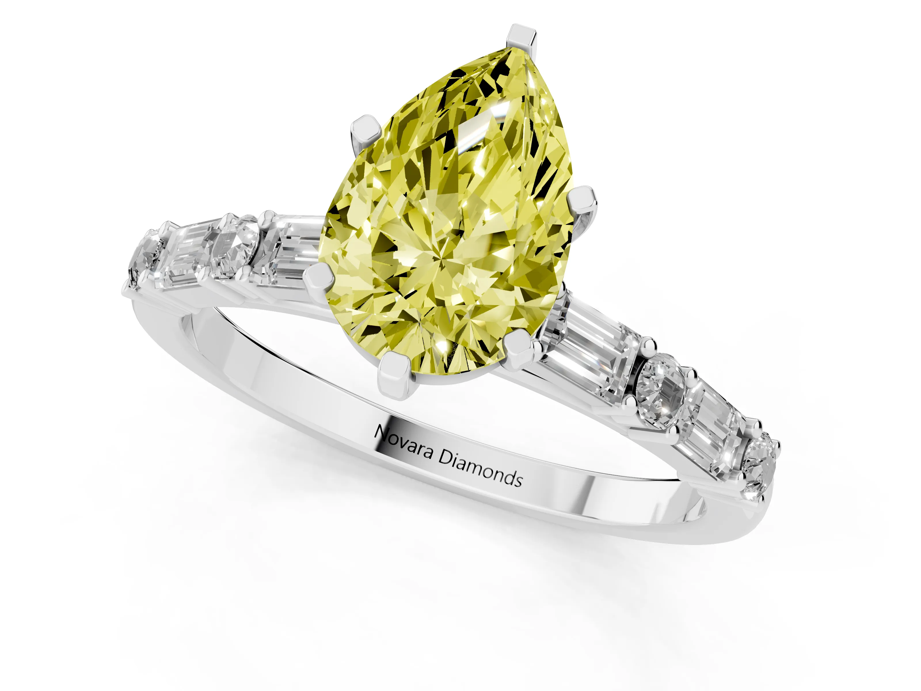 Fancy Yellow Pear Cut Diamond Solitaire Set in Platinum with Side Baguettes and Channel Set Band