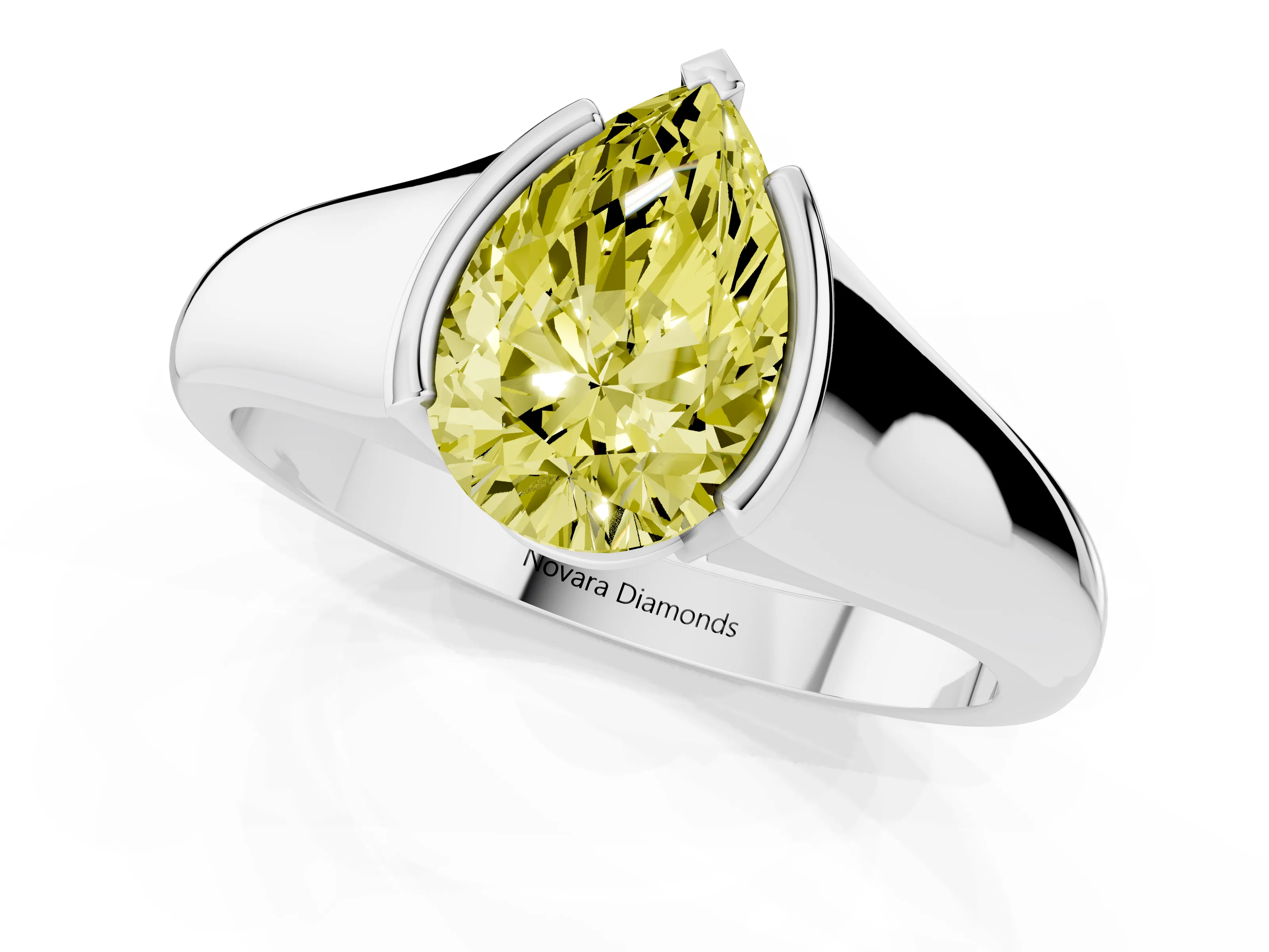 Fancy Yellow Pear Cut Diamond Solitaire Tension Set Ring Set in Platinum with Split Shank Band