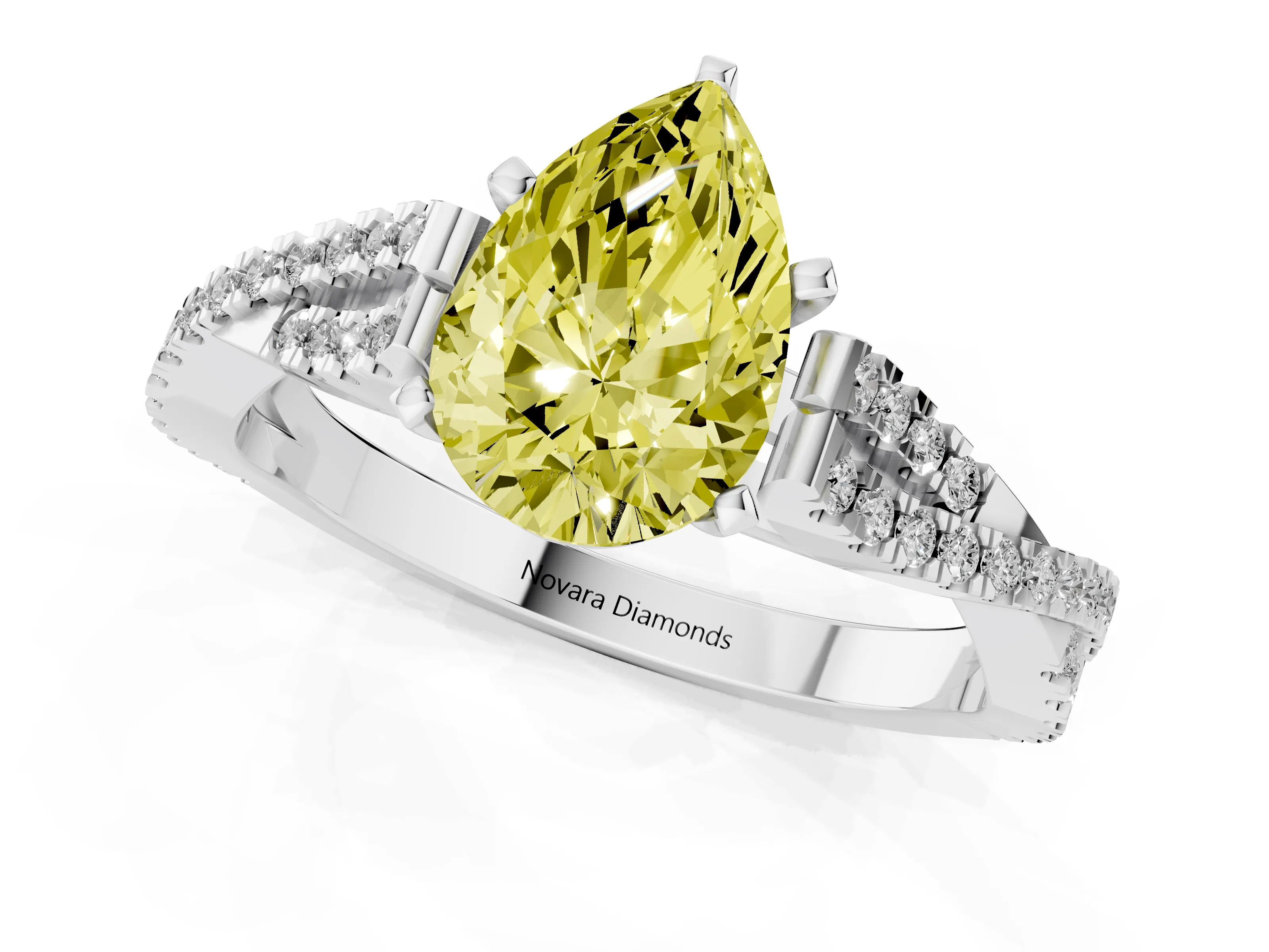 Fancy Yellow Pear Cut Diamond Solitaire Engagement Ring Set in White gold with Twisted Pavé Band and Prong Setting