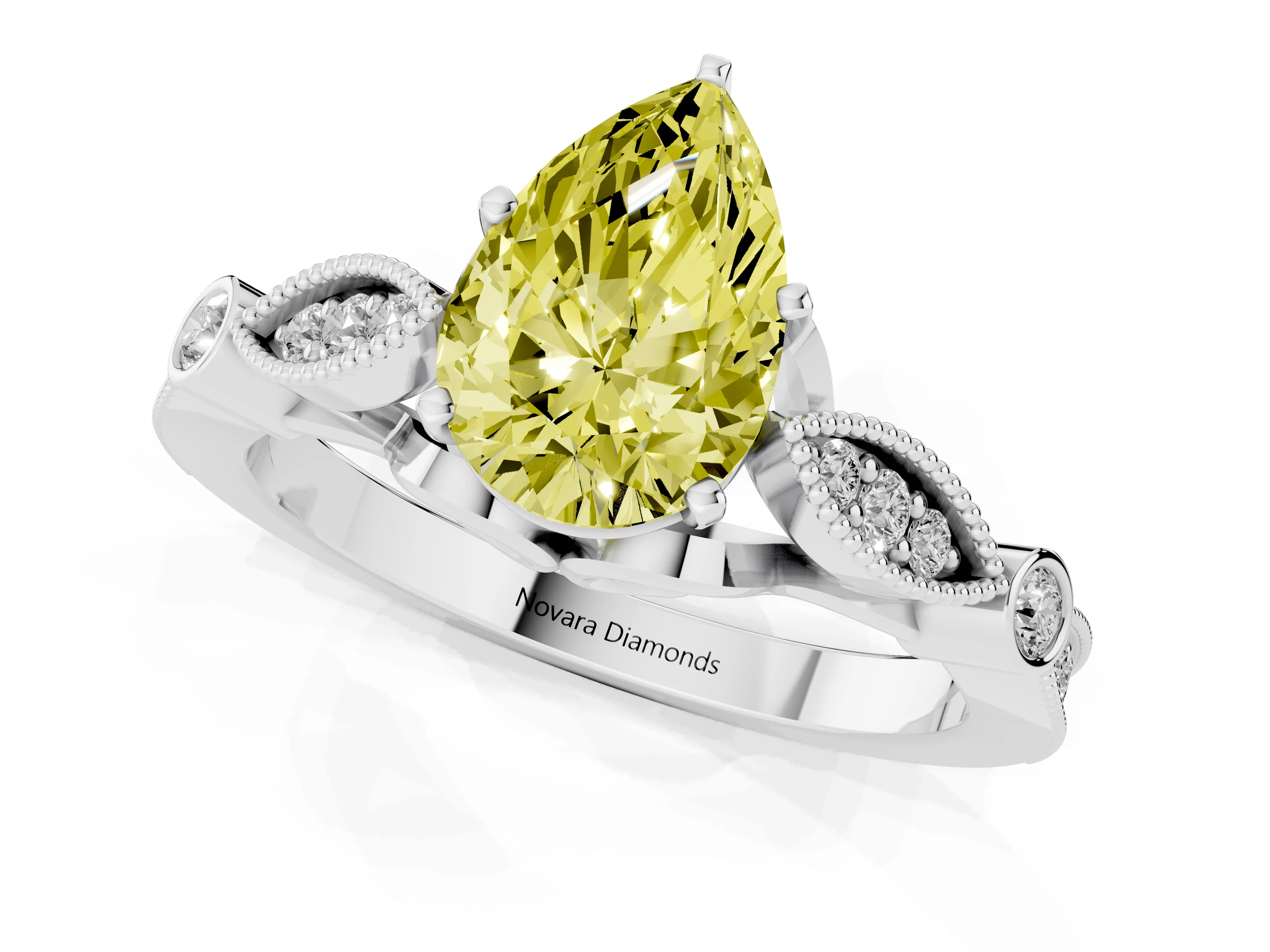 Fancy Yellow Pear Cut Diamond Solitaire Ring Set in Platinum with Milgrain Marquise and Bezel Accents