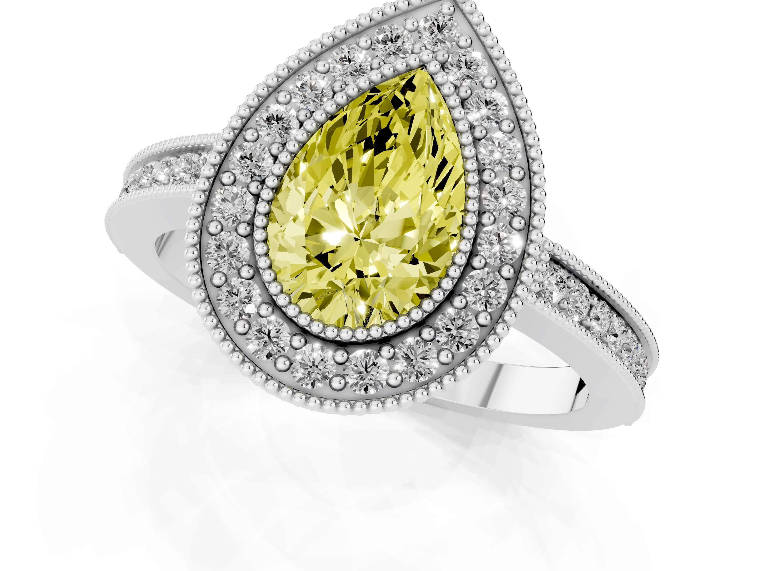 Fancy Yellow Pear Cut Diamond Halo Ring Set in Platinum with Pavé Band and Milgrain-Edged Prongs