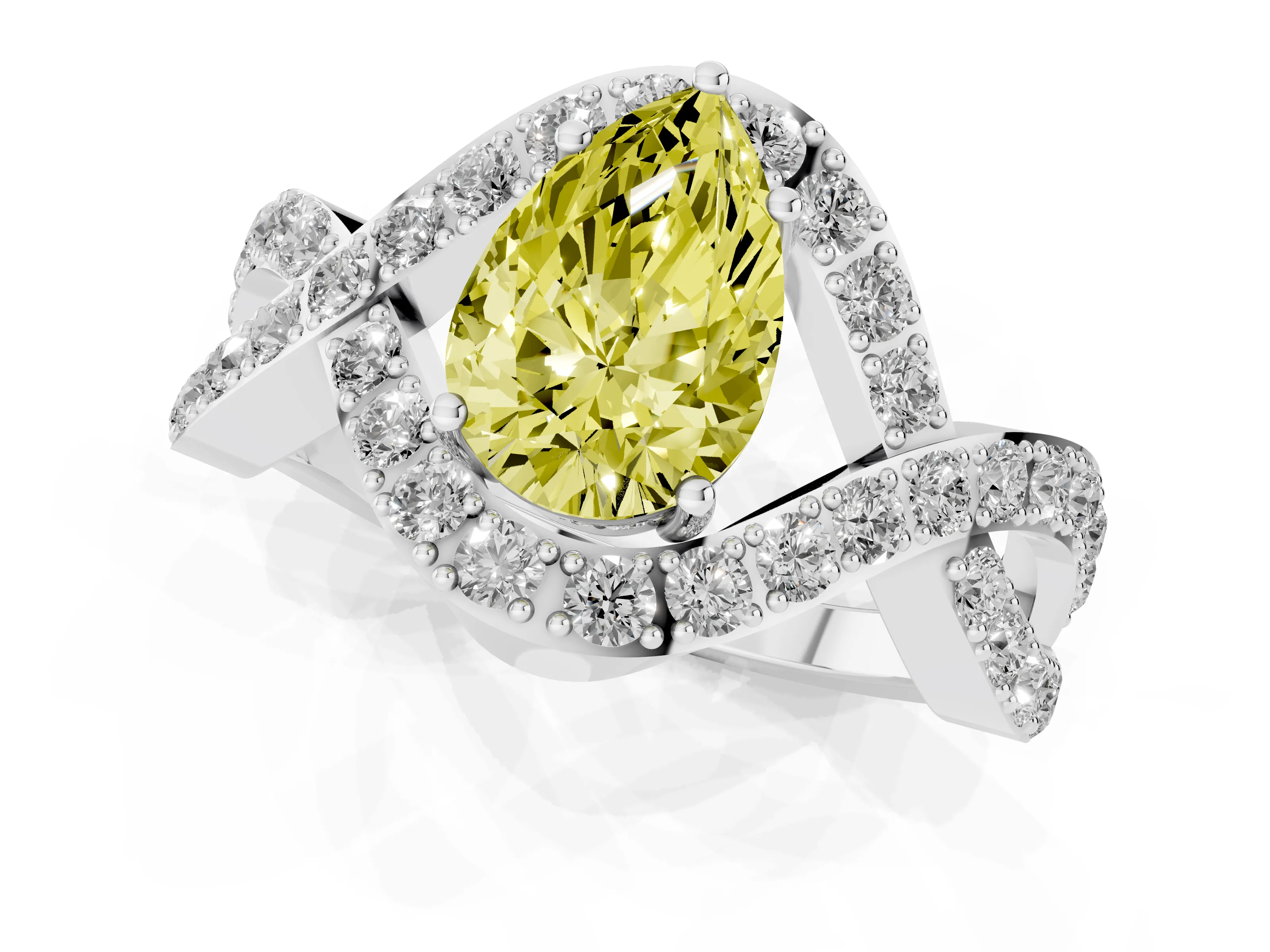 Fancy Yellow Pear Cut Diamond Solitaire Twist Band Pavé Engagement Ring Set in Platinum
