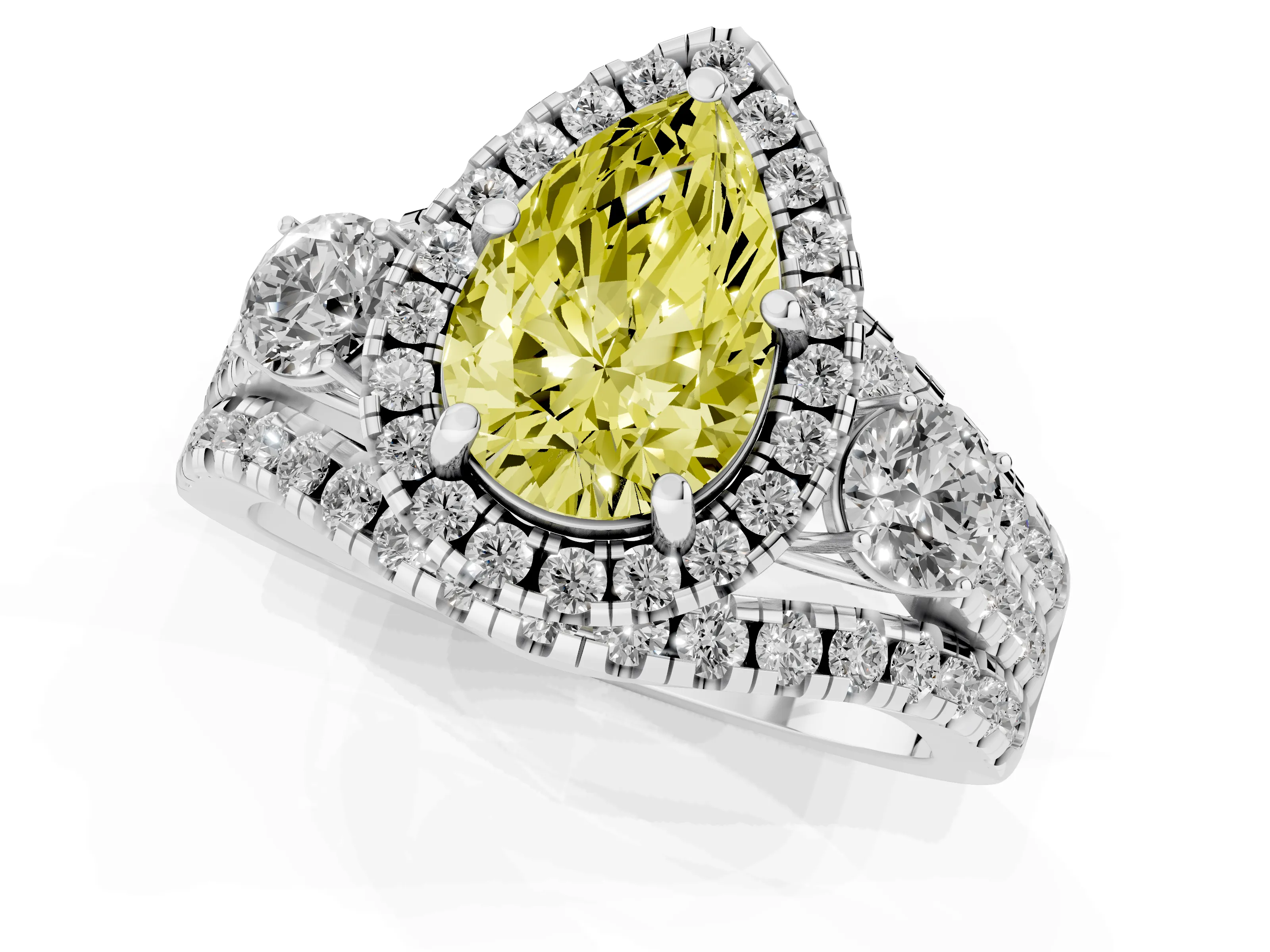 Fancy Yellow Pear Cut Diamond Halo Split Shank Ring Set in Silver with Round Accent Stones and Prong Setting
