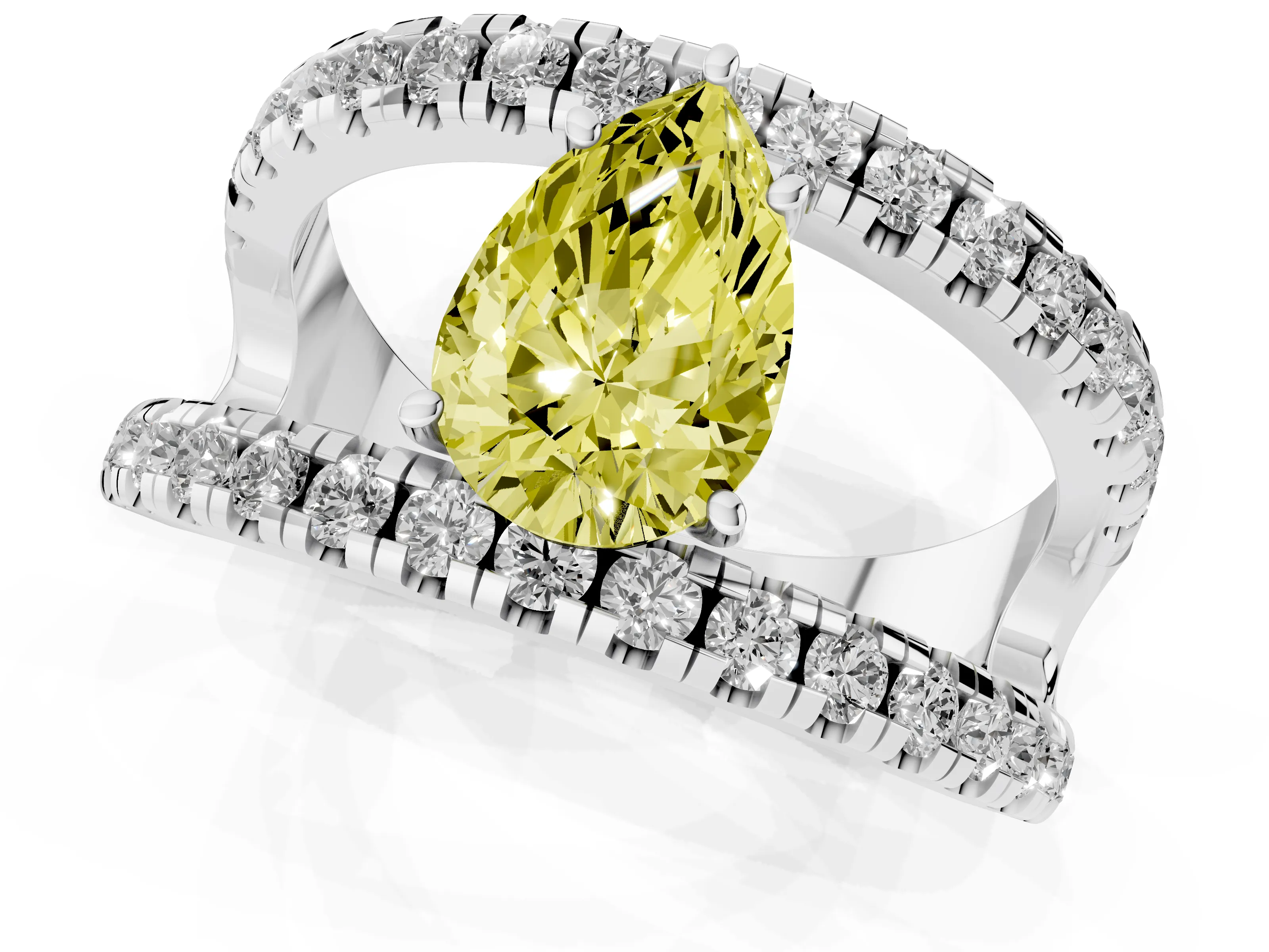 Fancy Yellow Pear Cut Diamond Split Shank Pavé Solitaire Ring Set in Silver with Open Shank Design
