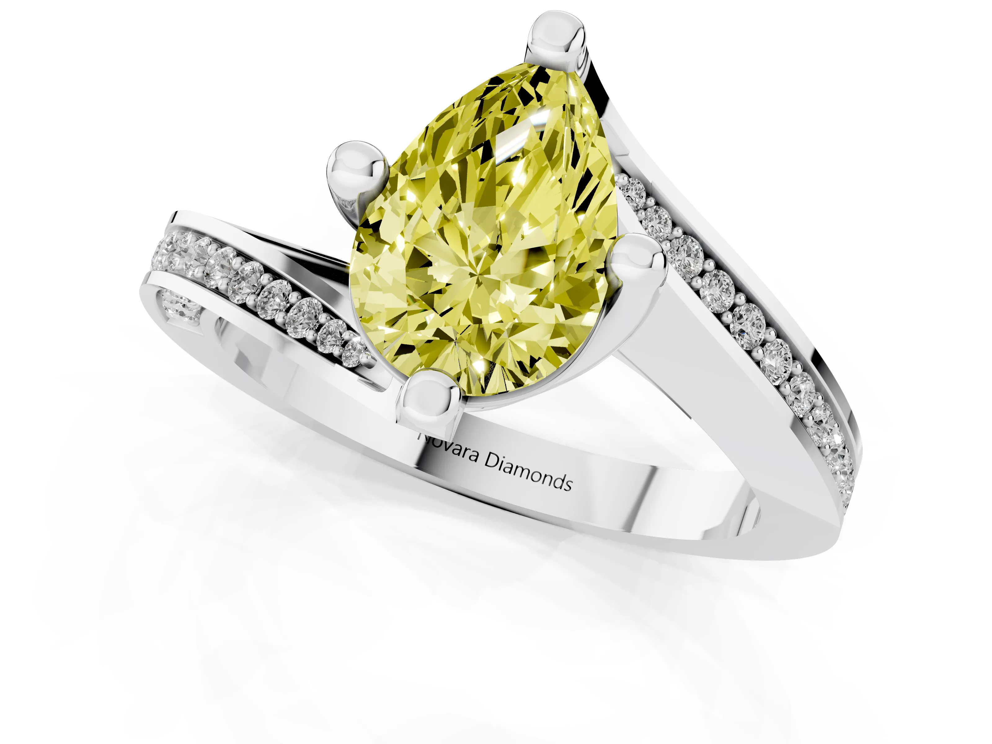 Fancy Yellow Pear Cut Diamond Solitaire Ring Set in White gold with Intertwined Pavé Twist Band