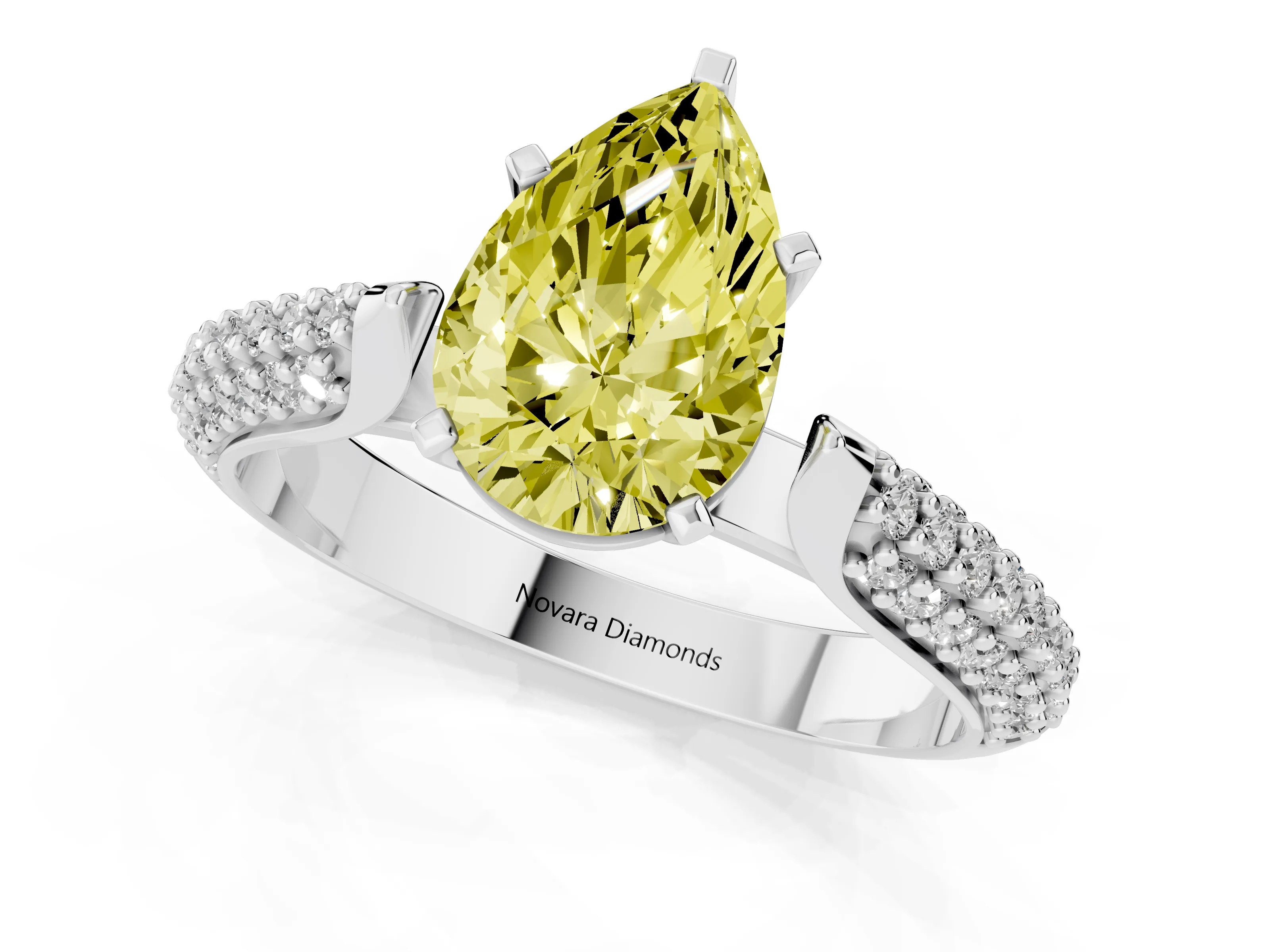 Fancy Yellow Pear Cut Diamond Solitaire Engagement Ring Set in White gold with Multi-Row Round Pavé Band and Prong Setting