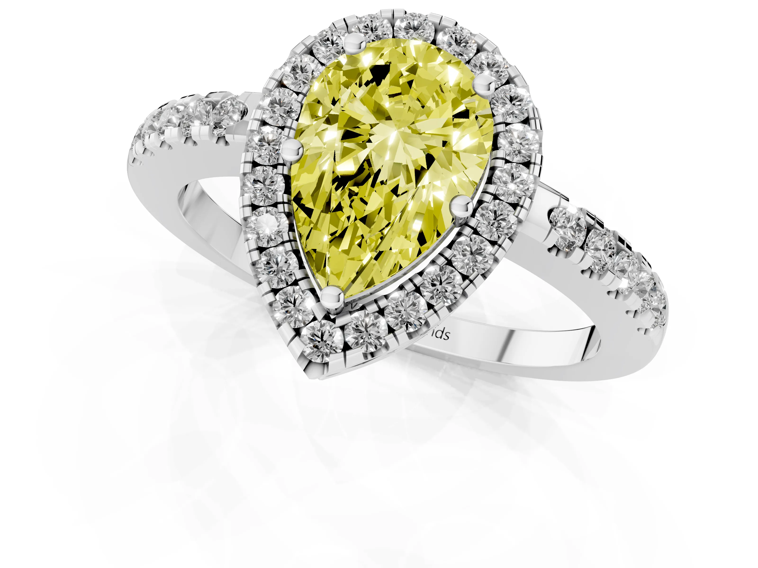 Fancy Yellow Pear Cut Diamond Pavé Band Halo Engagement Ring Set in White gold with Prong Setting