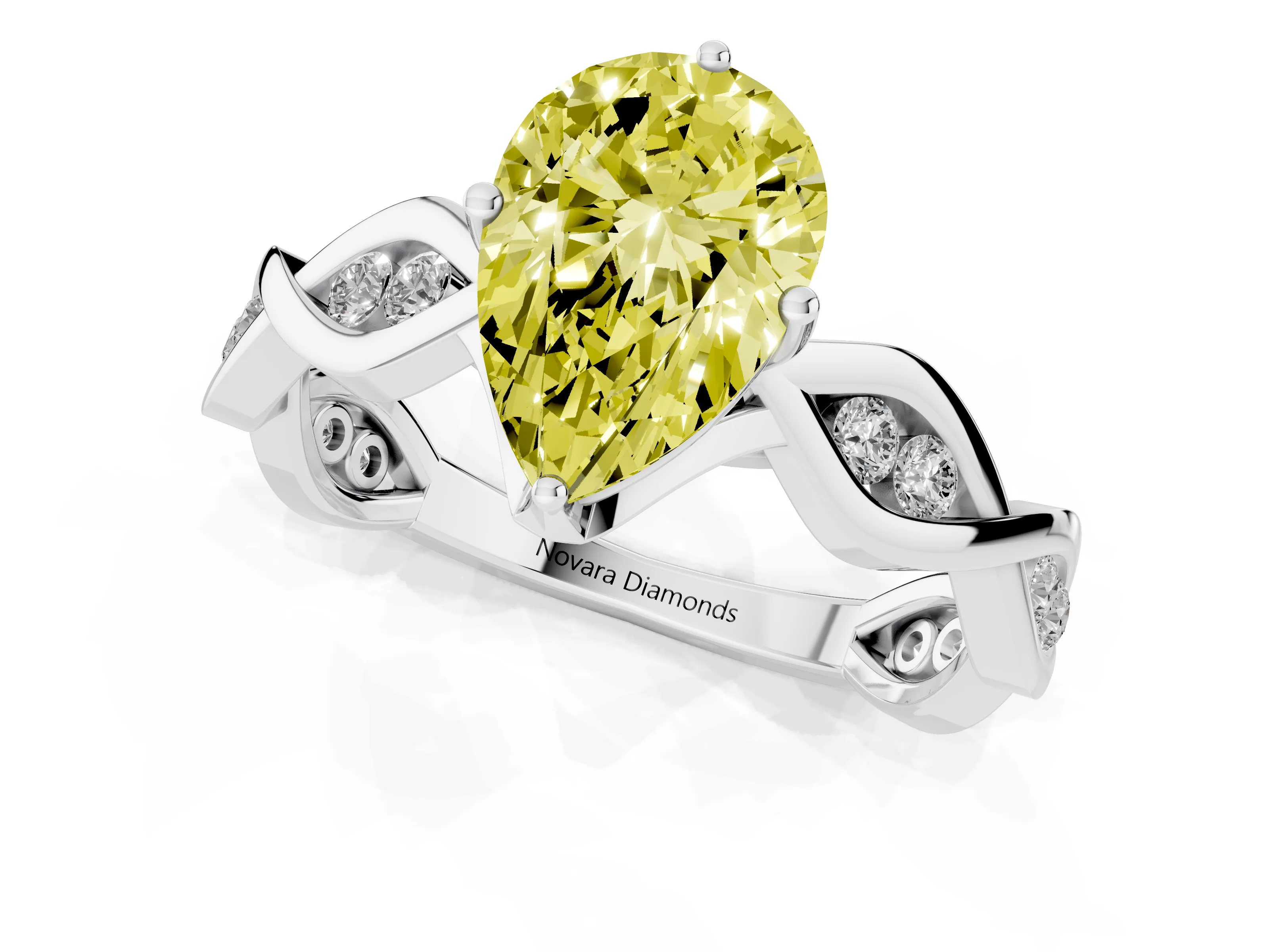 Fancy Yellow Pear Cut Diamond Twist Band Solitaire Ring Set in Platinum with Leaf Prong Setting and Accent Stones