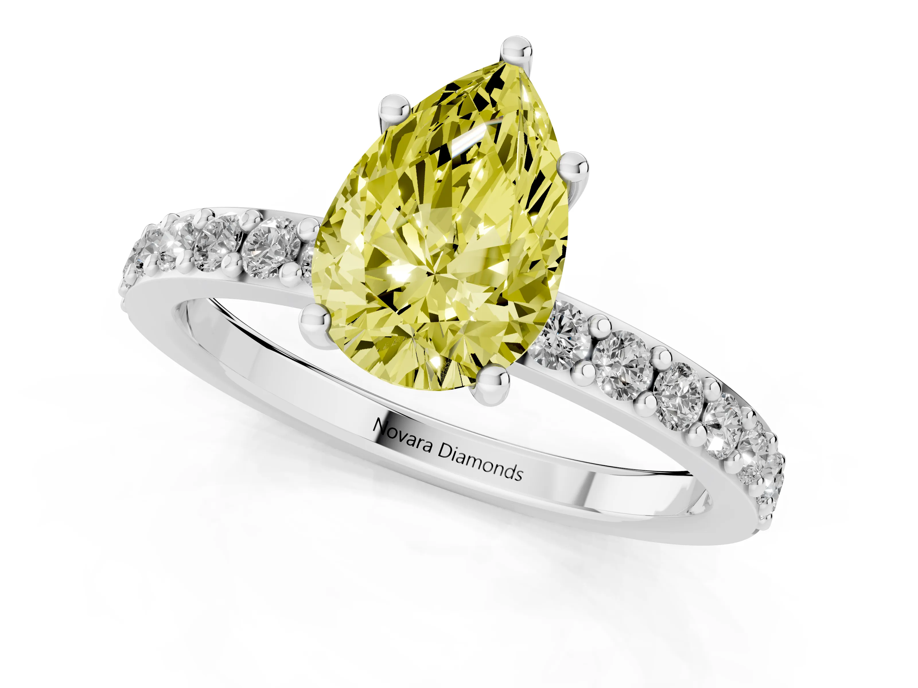 Fancy Yellow Pear Cut Diamond Solitaire Set in Silver with Round Pavé Band and Prong Setting