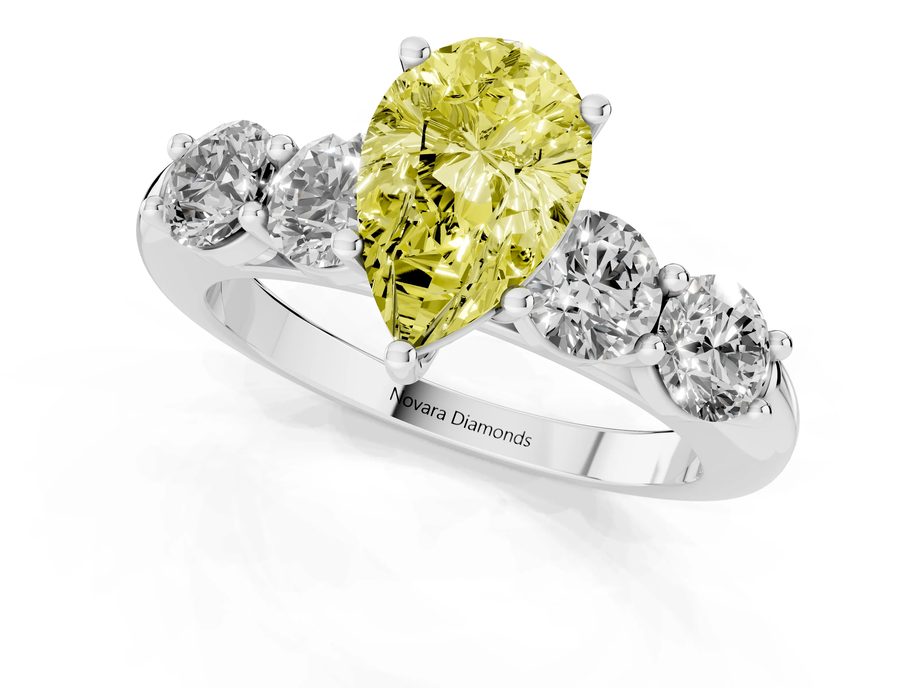 Fancy Yellow Pear Cut Diamond Five-Stone Prong Set Ring Set in White gold with Classic Band