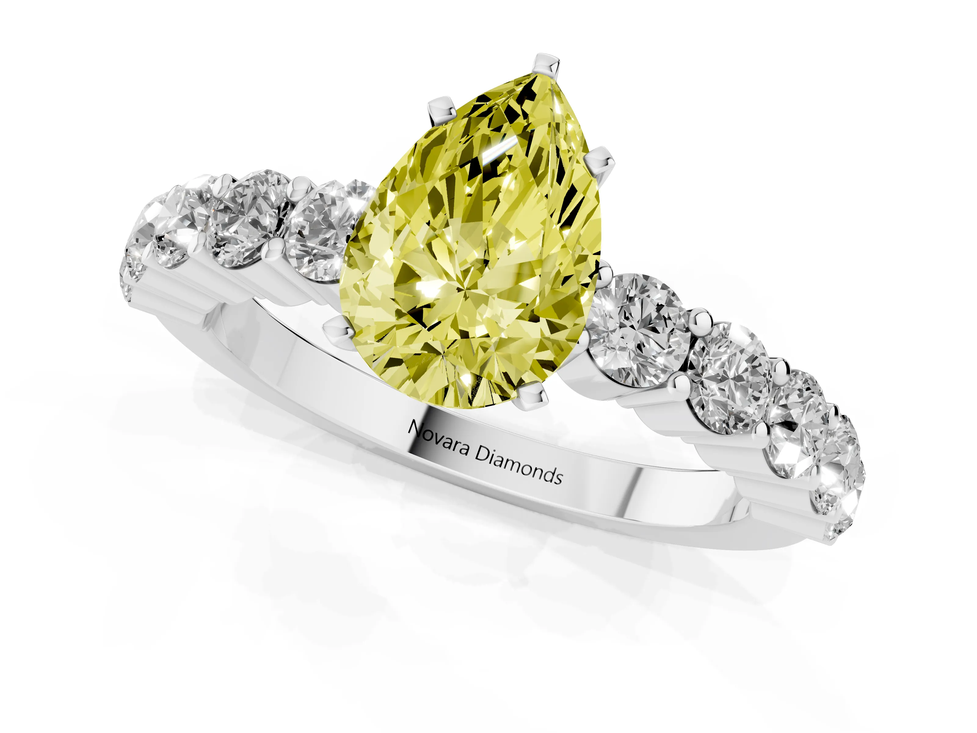 Fancy Yellow Pear Cut Diamond Solitaire Ring Set in Silver with Shared Prong Round Side Stones