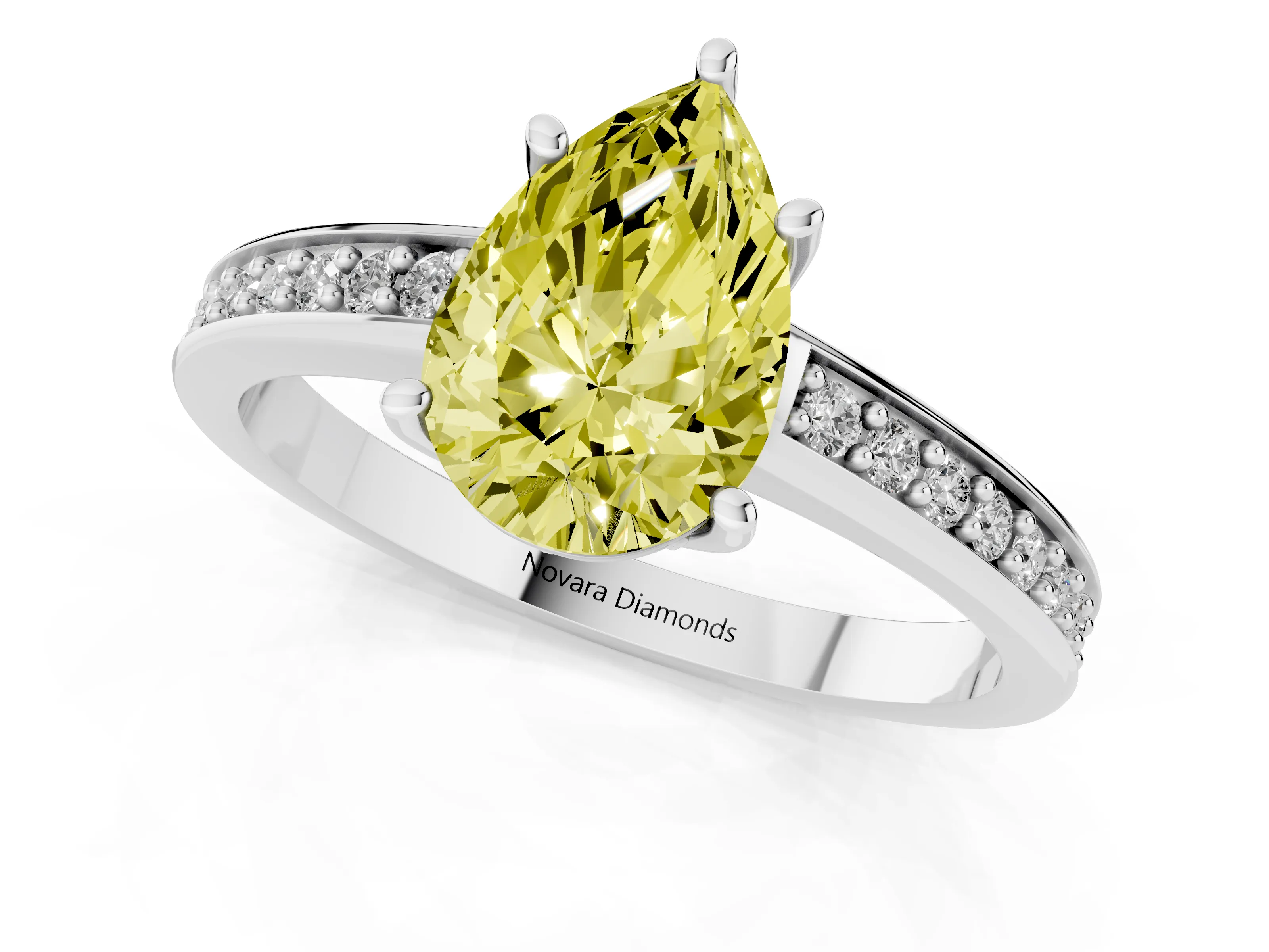 Fancy Yellow Pear Cut Diamond Pavé Band Prong Set Solitaire Ring Set in Silver