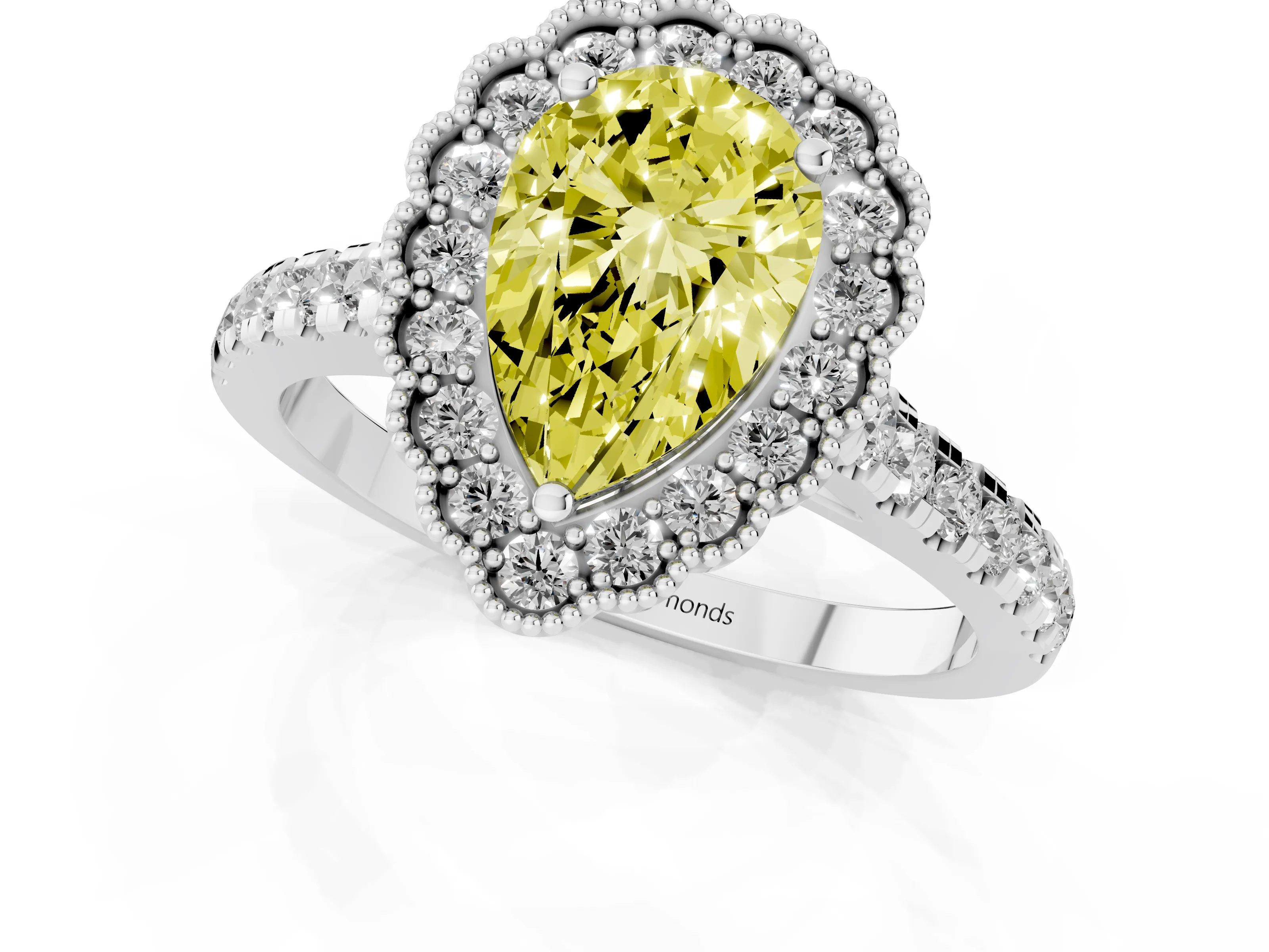 Fancy Yellow Pear Cut Diamond Milgrain Floral Halo Engagement Ring Set in Platinum with Pavé Band