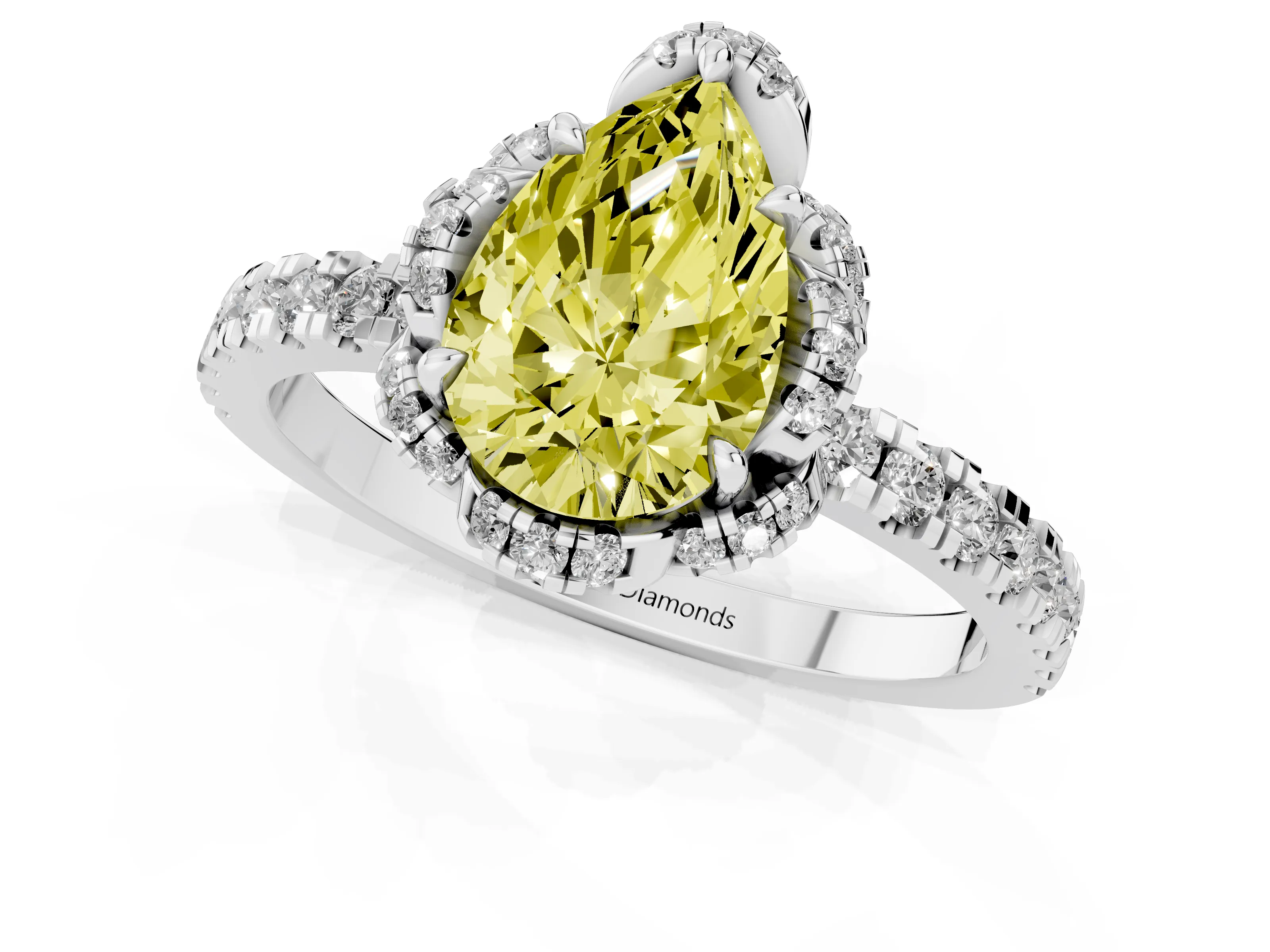 Fancy Yellow Pear Cut Diamond Halo Pavé Band Ring Set in Platinum with Prong-Held Center