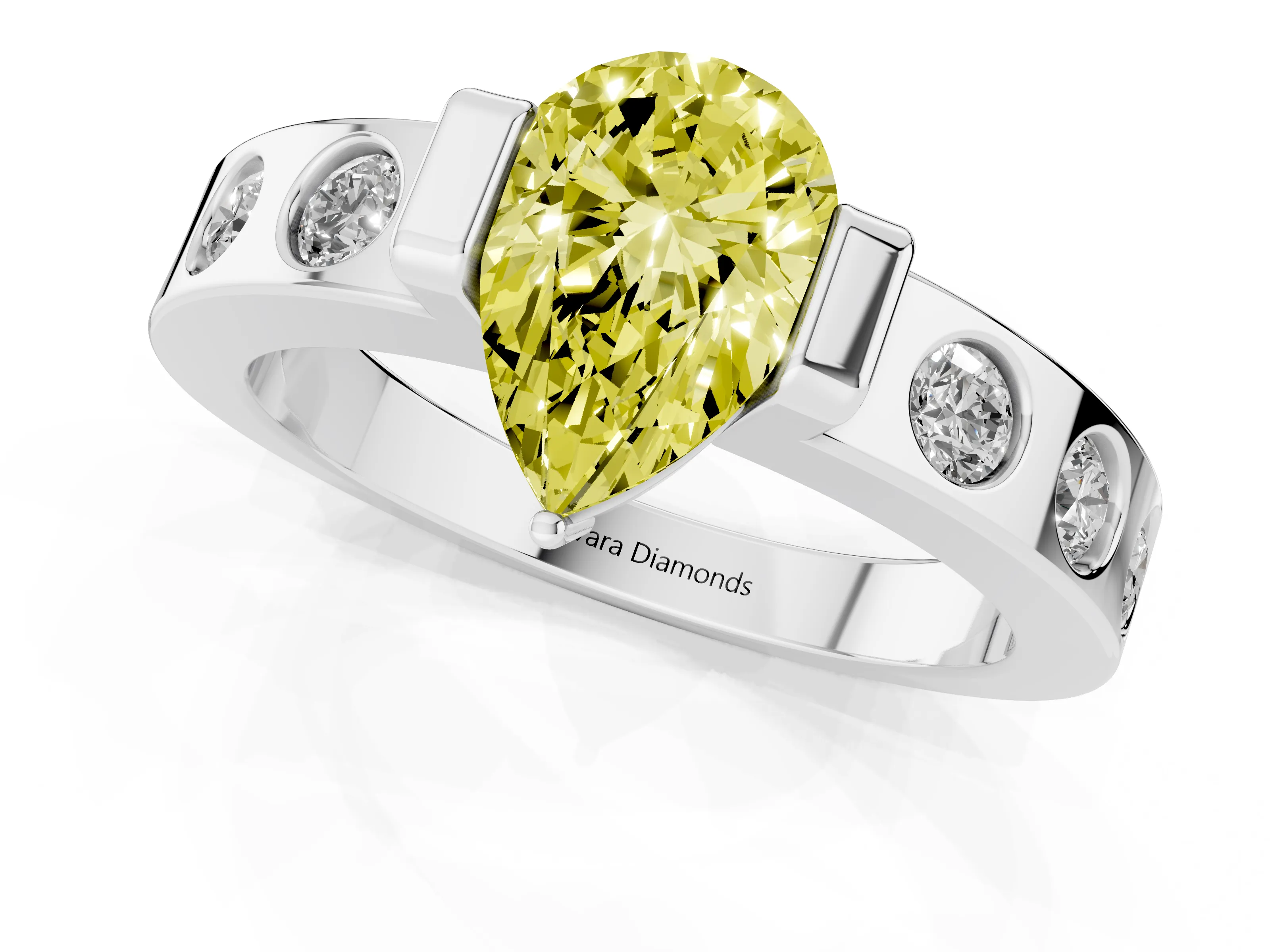 Fancy Yellow Pear Cut Diamond Channel-Set Band Ring Set in Silver with Bezel Prong Setting