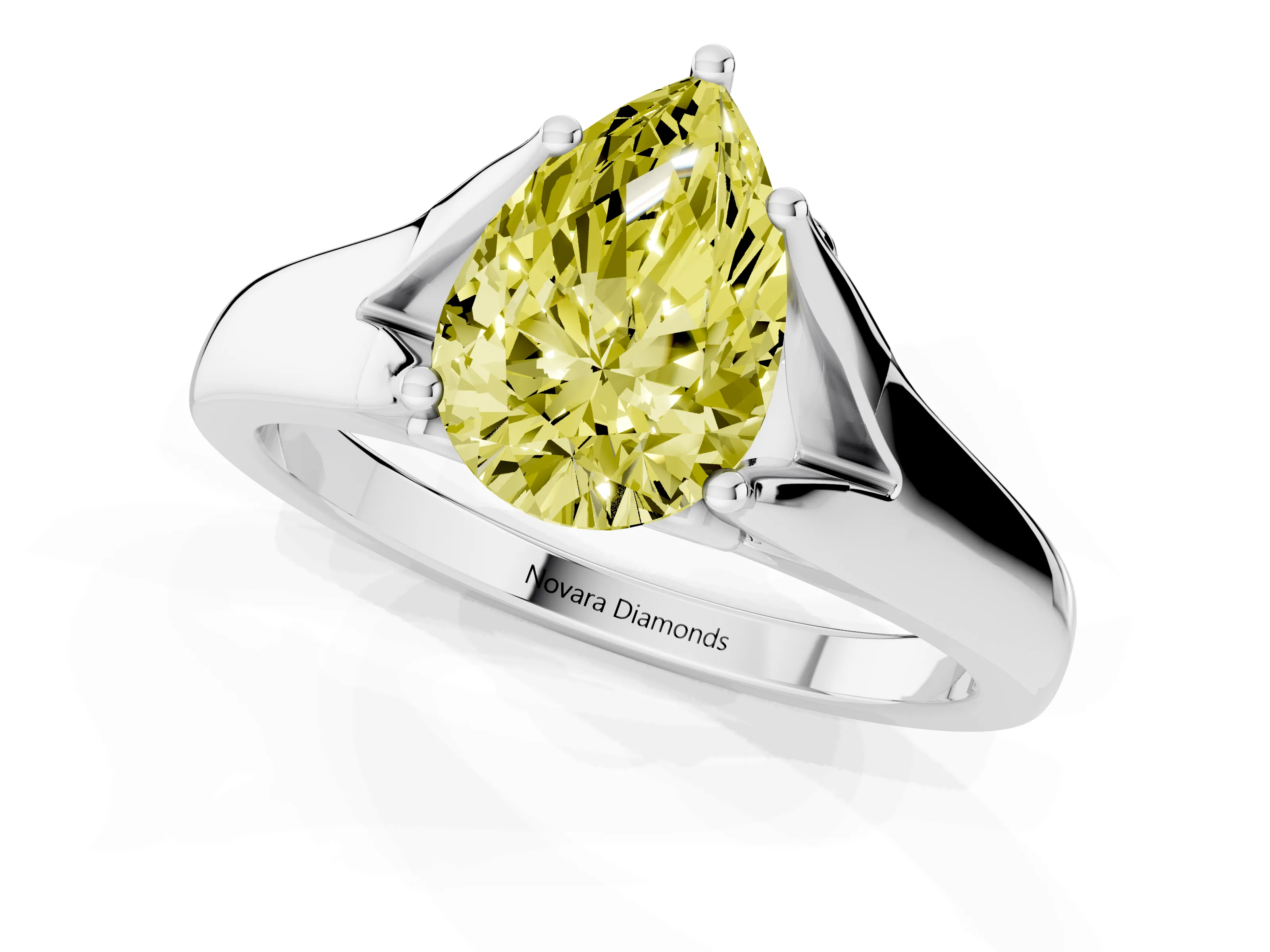 Fancy Yellow Pear Cut Diamond Solitaire Ring Set in White gold with Arched Cathedral Band and Prong Setting