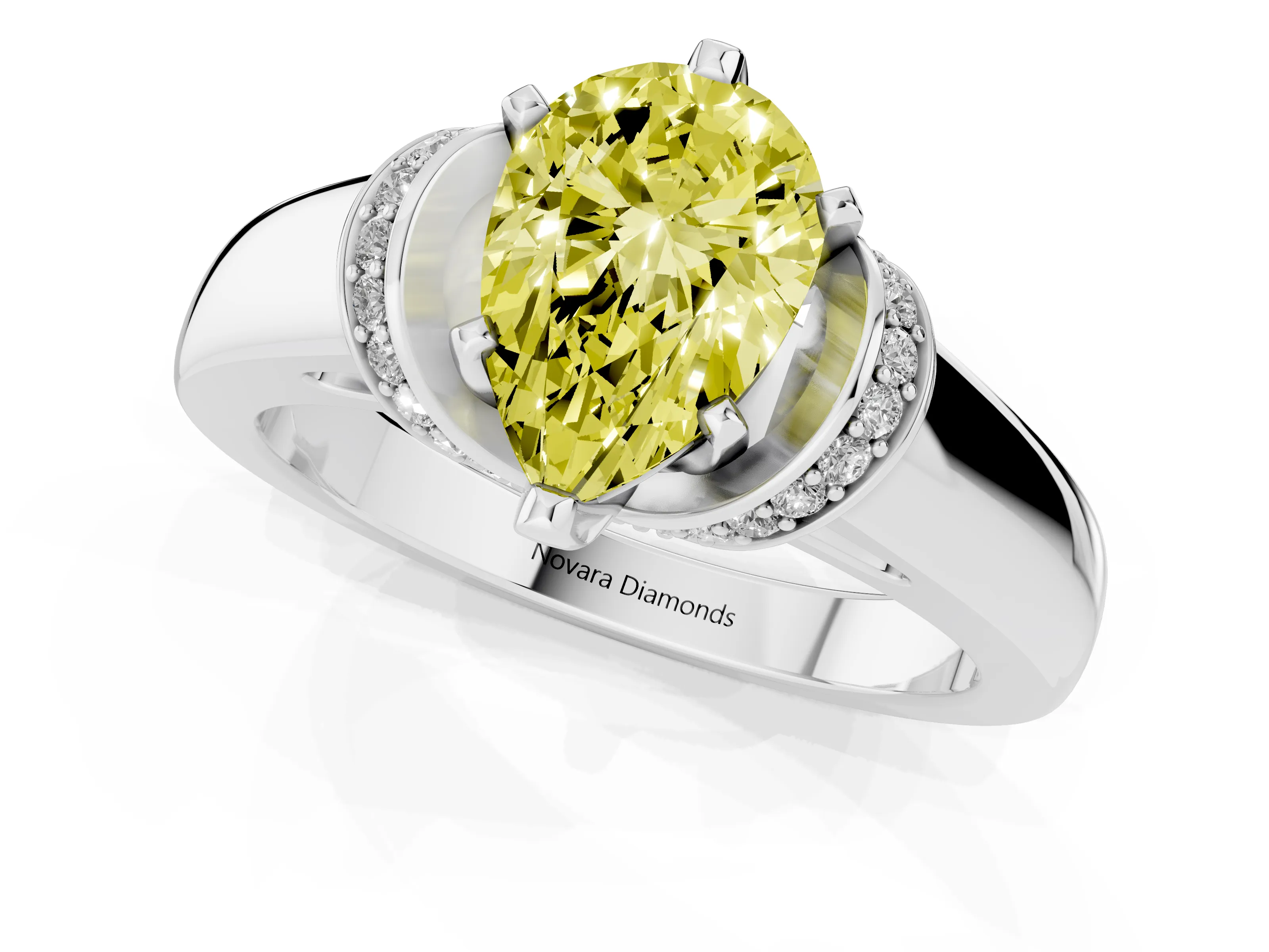 Fancy Yellow Pear Cut Diamond Pavé Band Solitaire Ring Set in Silver with Prong Setting