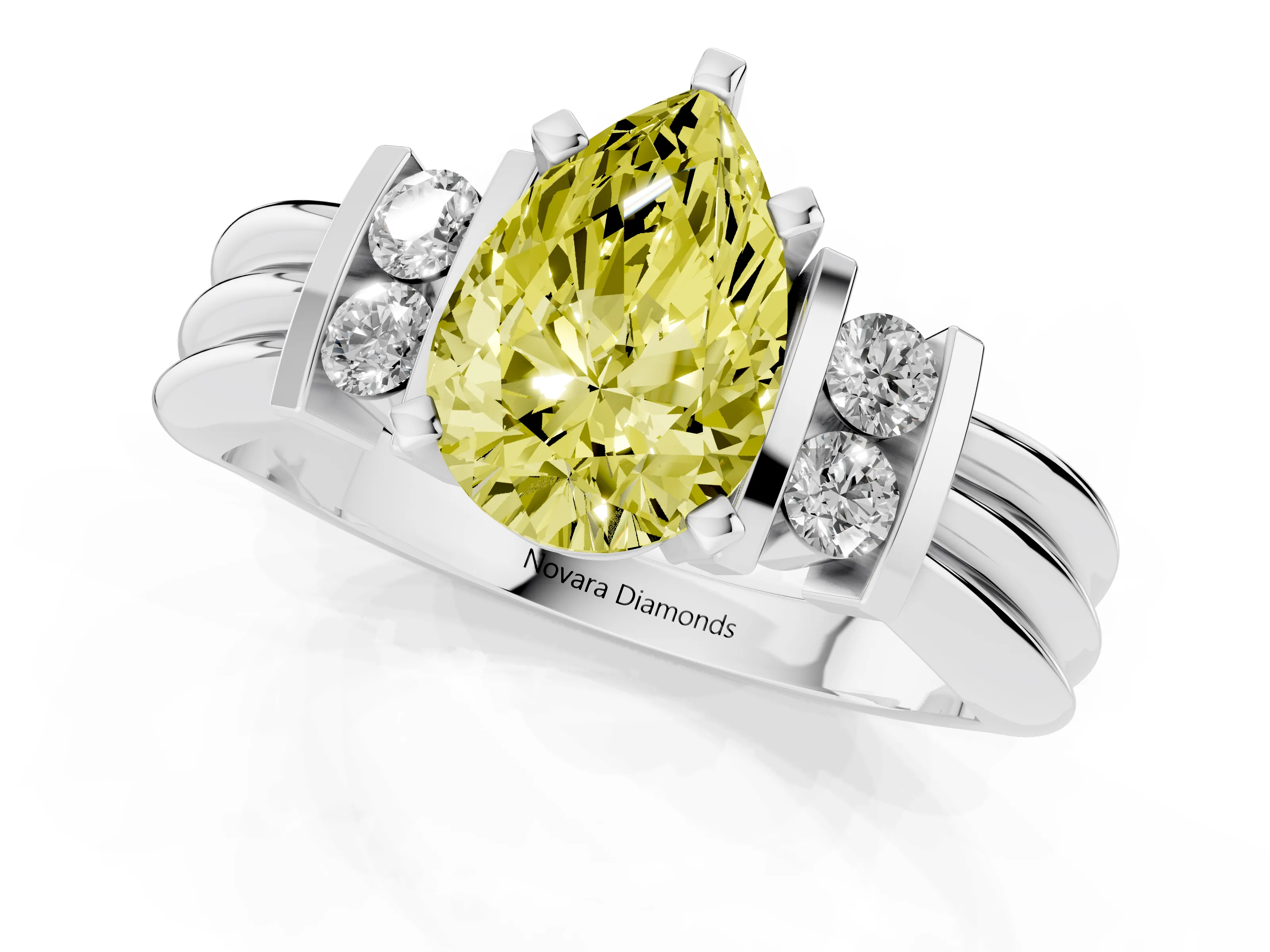 Fancy Yellow Three-Stone Pear Cut Diamond Channel Set Ring Set in White gold with Bar Prongs