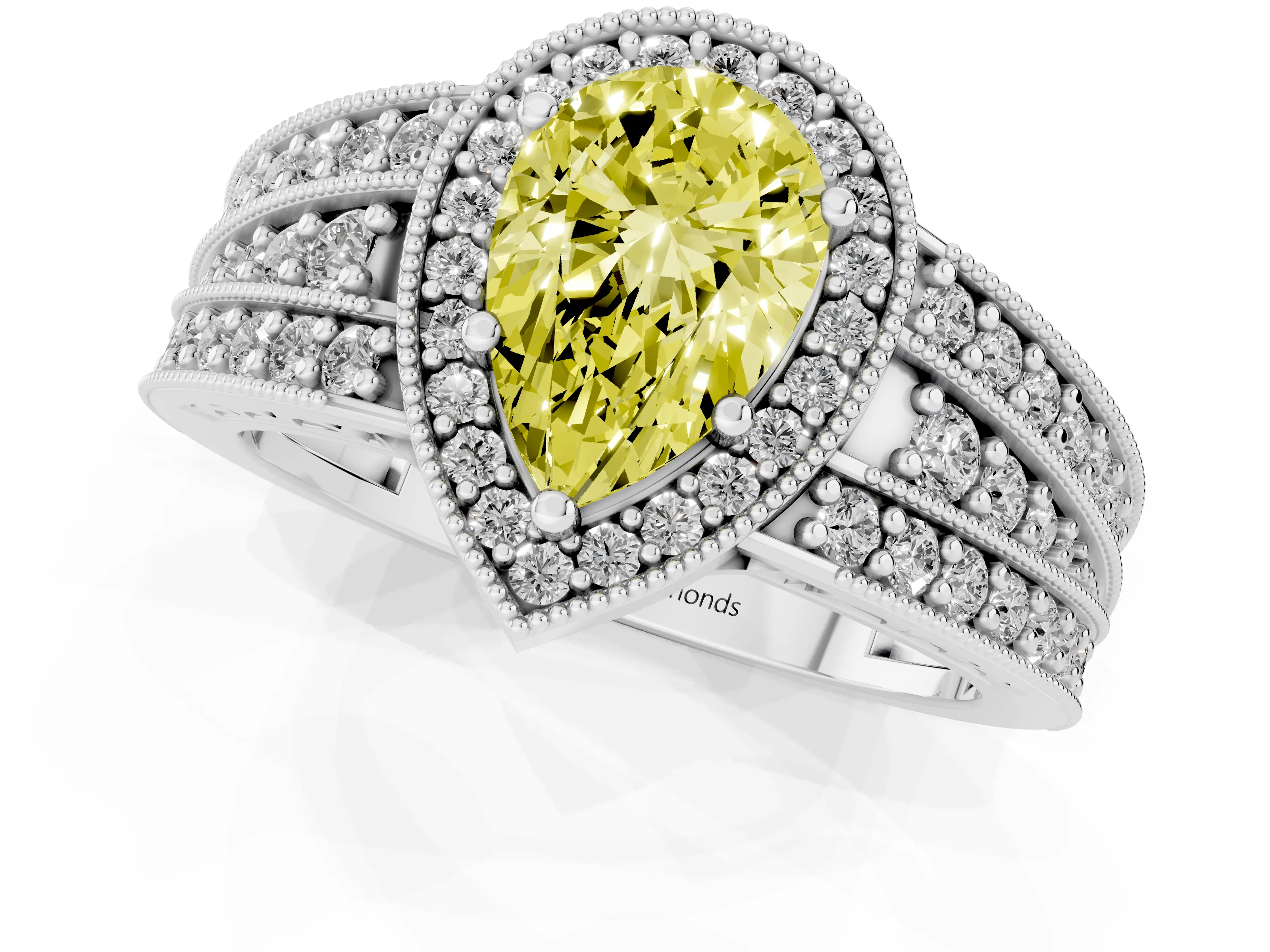 Fancy Yellow Pear Cut Diamond Halo Ring Set in Platinum with Accent Split Shank and Prong Setting