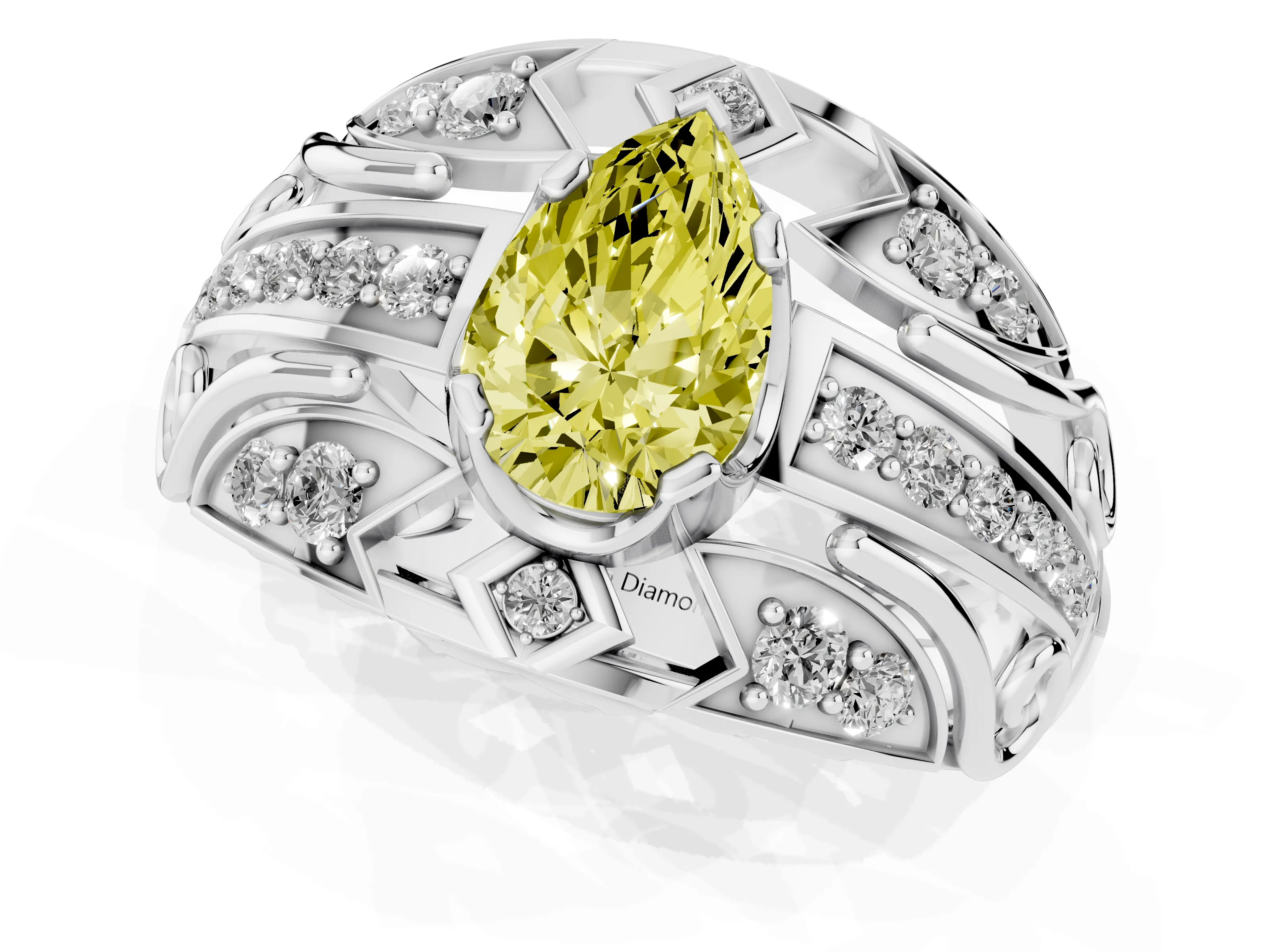 Fancy Yellow Pear Cut Diamond Art Deco Ring Set in Platinum with Pavé Split Shank